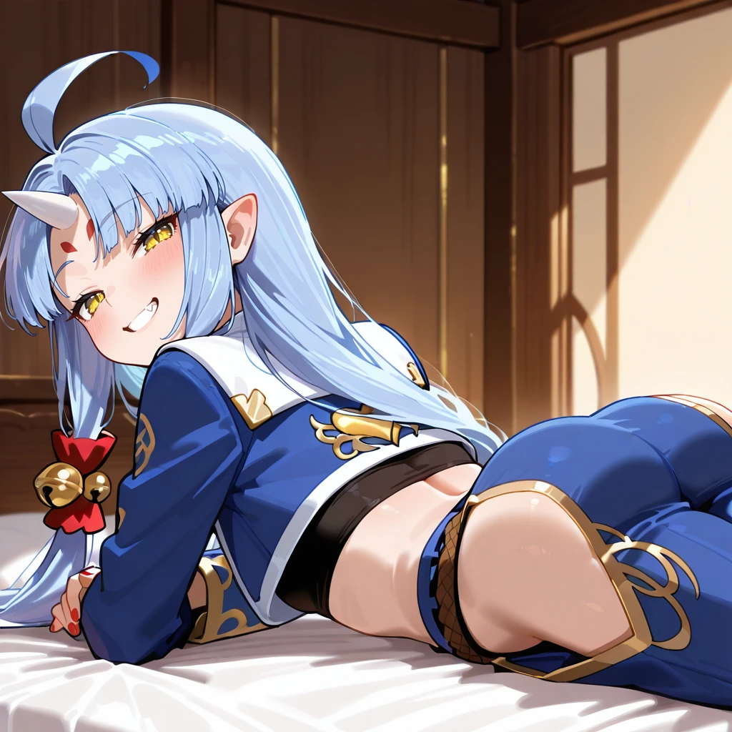 HDA_MasterpieceXLclassic, indoors, bedroom, on bed, <lora:Suzuka_Hime_-_Super_Robot_Taisen_OG_Endless_Frontier:1> suzukahimeIL, 1girl, blue hair, long hair, single horn, pointy ears, forehead marks, yellow eyes, slit eyes, tube top with a golden heart Design, hair ornaments, ahoge, hip vent, blue jacket, red nails, jingle bell, blush, mischievous smile, grin, fang, horn,  HDA_Upward_Dog_XL