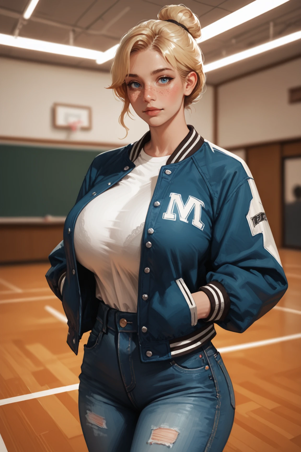 1girl, cowboy shot, huge breasts, white shirt,, , blonde hair, hair bun, shirt tucked in, street, jeans, bangs, looking at viewer, blue eyes, letterman jacket, blue jacket, hands in pockets, campus, (bra visible through clothes, black bra:0.85), basketball, court, indoors, solo, narrow waist, freckles,, <lora:Detailer_NoobAI_Incrs_v1:0.75>, masterwork, masterpiece, best quality, detailed, depth of field, realistic, ultra-HD, (impressionism:1.5), high detail, best quality, very aesthetic, 8k, , , , photorealistic, , , (cheekbones:0.75), adult, aged up, dynamic pose, depth of field, dynamic angle