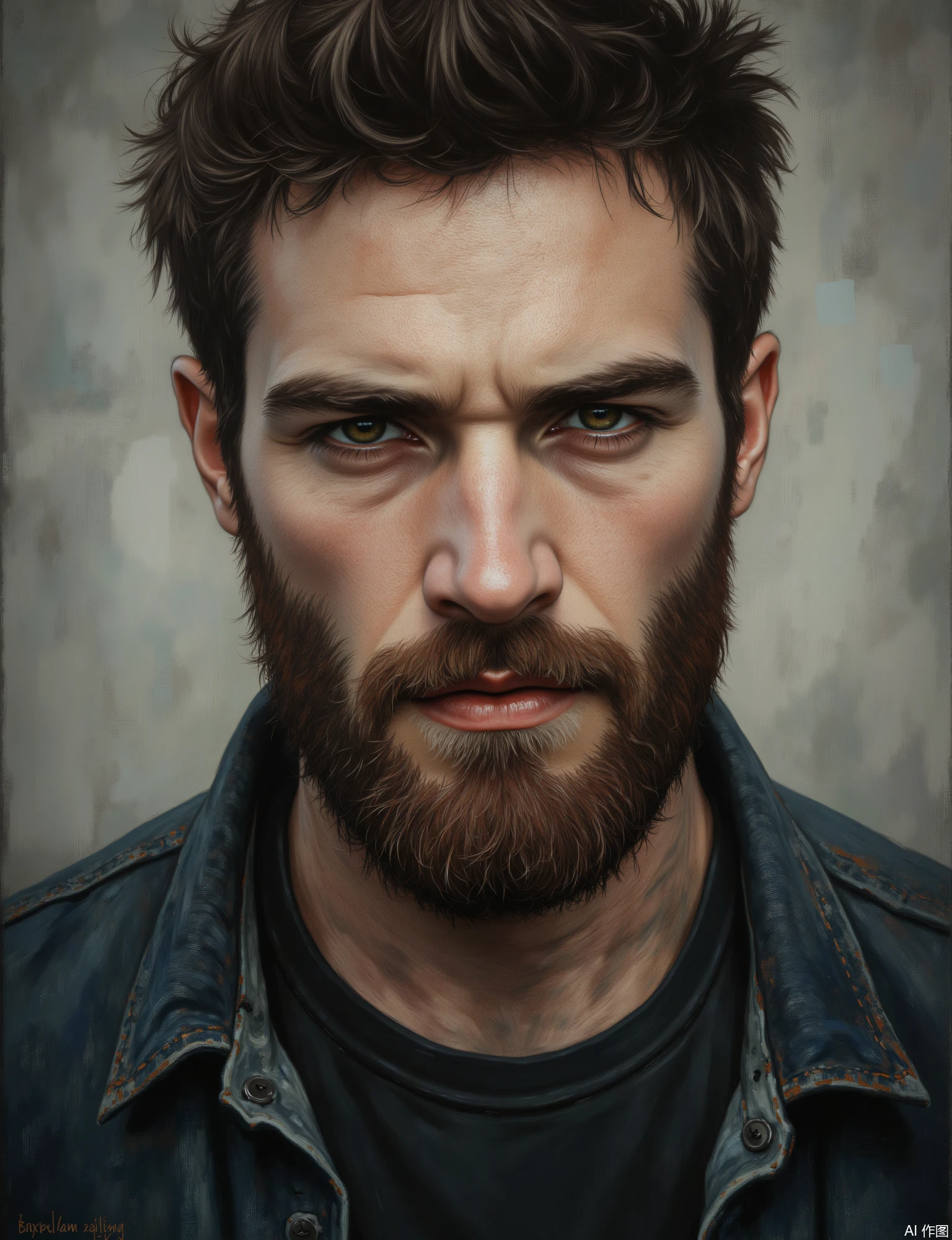 OBxiaoxiang,
A powerful portrait of a ruggedly handsome man in his late thirties, with a well-groomed beard and intense, thoughtful eyes. Facial close-up. The image has a strong, impactful surface, conveying both the texture of his skin and beard, and a substantial, layered form. Dramatic, slightly low-key lighting, perhaps a single key light with a subtle fill, creates strong definition and shadow. The background is a simple, textured concrete wall, subtly lit to provide a slight separation. Sharp, compelling catchlights, individual hairs of his beard, and the texture of a simple denim or leather jacket collar are key.