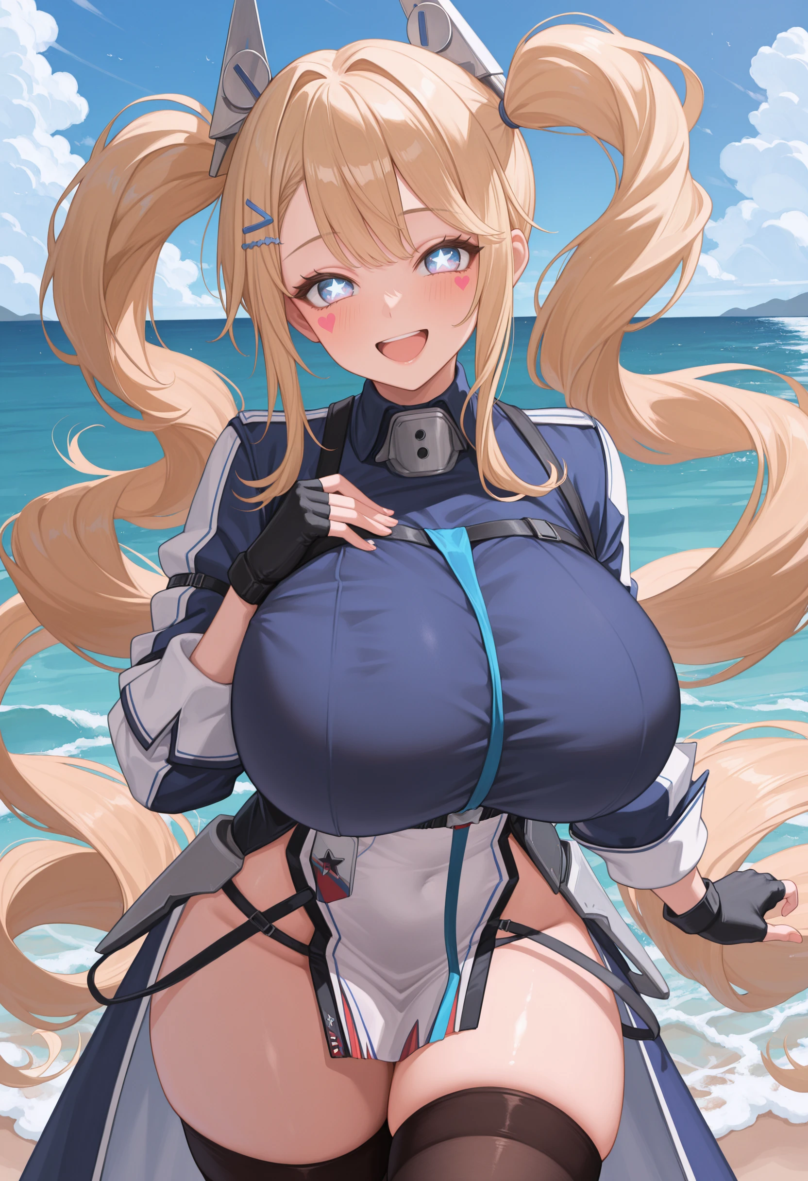 1girl, large breasts, thick thighs, wide hips, blue jacket, yellow eyes, white hair, horizontal stripes, striped bikini, smile, happy, light smile, long hair, open jacket, bikini, 2d, anime style, anime screencap, epaulettes