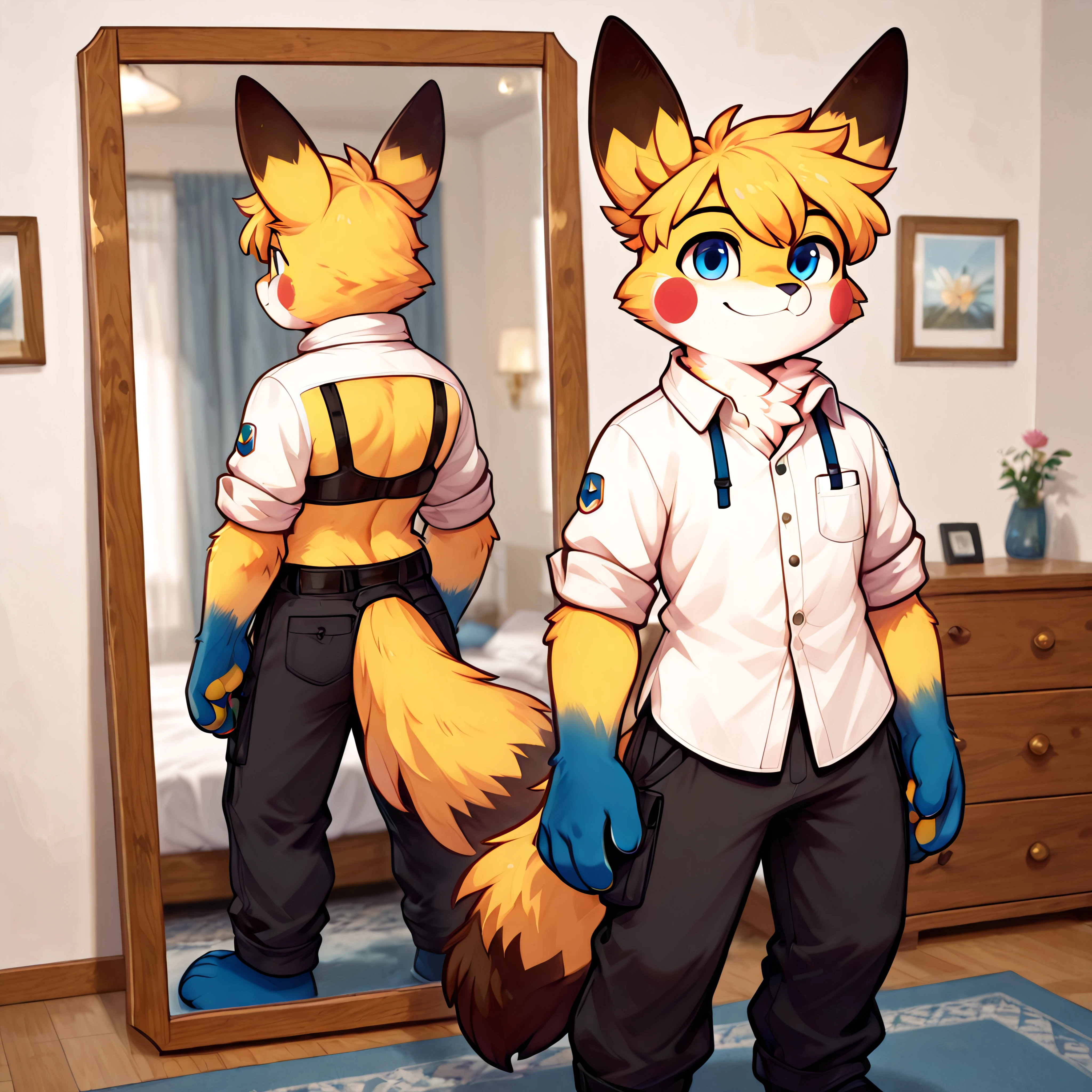 <lora:PikaOc-IL> (2024, best quality, masterpiece), pikaoc, yellow fur, blue eyes, blue paws, black tail tip, black ears, 1boy, solo, red cheeks, sharp image, ## no humans, character, male focus, ## handsome face:1.5, no humans ## uploaded on e621, (uploaded on e621)  ## detailed face, (detailed face), detailed ears, detailed clothing, detailed body, (detailed body), detailed hair, detailed background ## indoors, ## <lora:Business_in_the_Front_Party_in_the_Back_Illustrious:1>  mikus-concept, standing, mirror, front and back, front, back, white shirt, black pants, , , , , , , ,