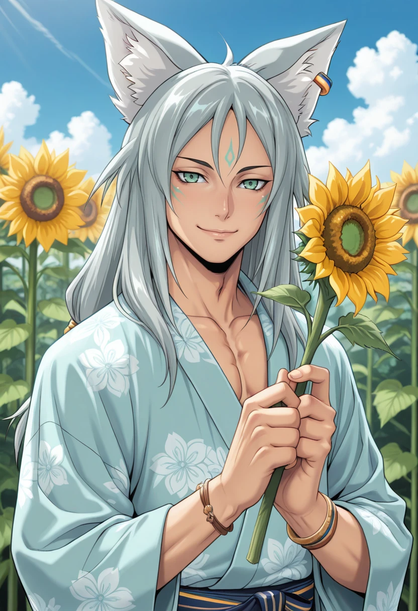 masterpiece, best quality, absurdres, newest, perfect quality, best quality, absolutely eye-catching, detailed background, intricate details, solo,
<lora:ILR4Leon:1>
R4Leon, 1boy, male focus, long hair, grey hair, green eyes, animal ears, fox boy, facial mark, looking at viewer, male focus, sunflower, blue sky, japanese clothes, holding flower, outdoors, bracelet, day, kimono, jewelry, cloud, floral print, upper body, smile, yukata, yellow flower