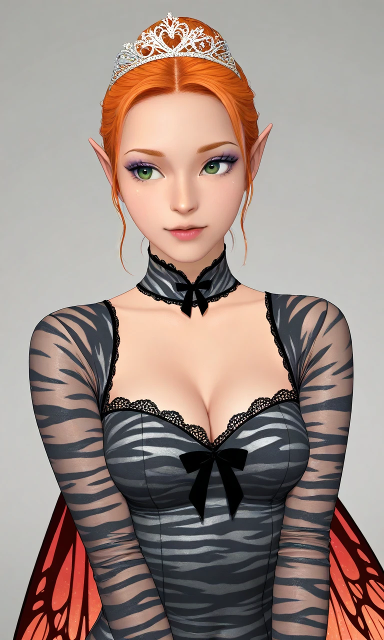 solo,bodysuit,animal print,zebra print,lace,black bow,cleavage,long sleeves,see-through,1woman,pointy ears,makeup,orange hair,single hair bun,green eyes,red wings,fairy,fairy wings,tiara