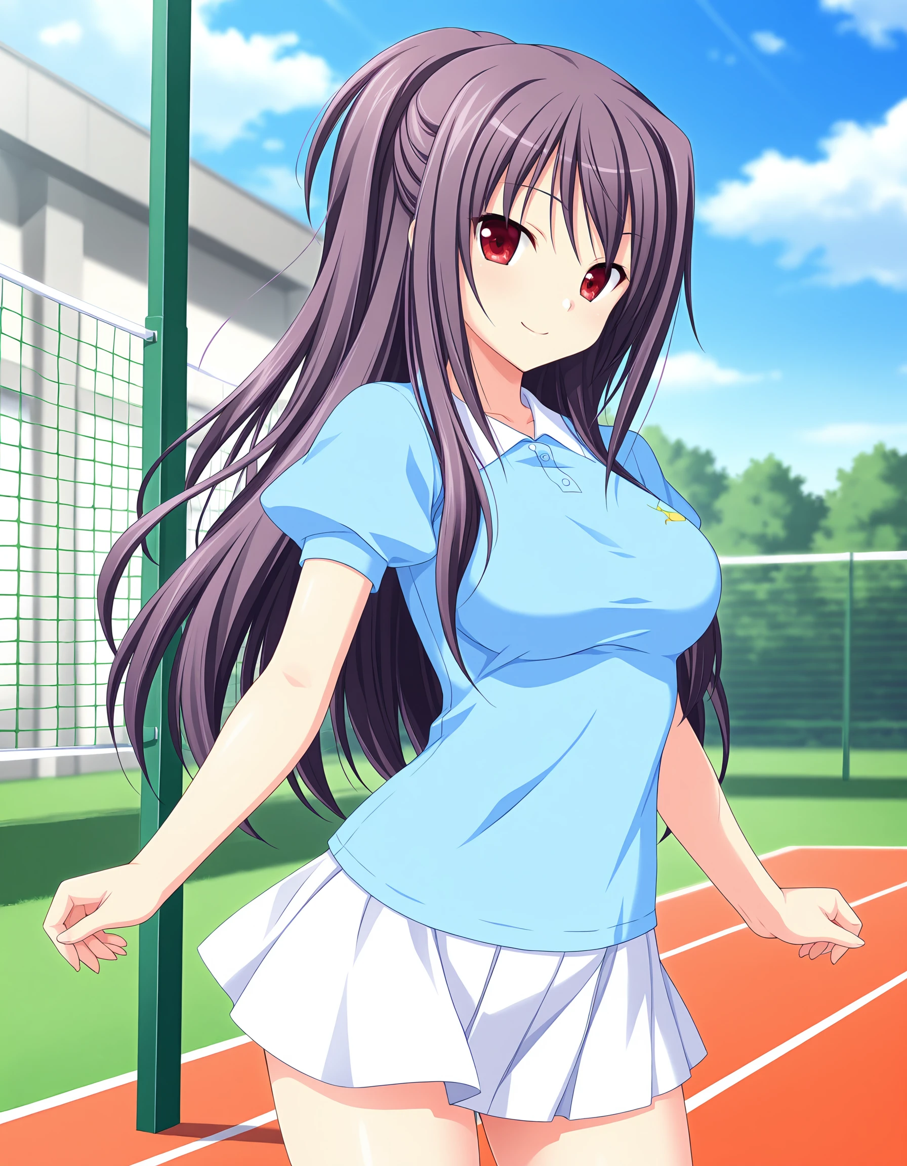 masterpiece, best quality, amazing quality, ultra detail, best resolution, good , good hand,
BREAK <lora:takasu-miyabi Prima Stella (Atelier Kaguya)-illustrious V2:1> miyabi, purple hair, long hair, half updo, red eyes, 
BREAK outfit03, tennis wear, polo shirt, light blue polo shirt, short sleeves, puffy sleeves, collarbone, skirt, white skirt, mini skirt,
BREAK 1girl, posing, smile,