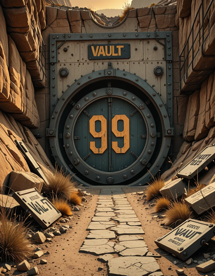 (masterpiece, best quality, photorealistic, cinematic lighting, retrofuturistic post-apocalyptic setting), exterior view of Vault 69, a massive gear-shaped steel door embedded into a rugged canyon wall, the number "69" faded and scratched on its surface, surrounded by broken rock and dead vegetation, cracked concrete and rusted scaffolding scattered with old-world debris, remnants of ruined equipmentâburnt-out terminals, tangled wires, broken warning lightsâsurround the entrance, a toppled Vault-Tec sign lies half-buried in dust, the vault door is slightly ajar, revealing deep darkness inside, the sky is hazy orange with distant ash clouds, long shadows stretch across the desolate terrain, eerie silence, no human presence, inspired by Fallout universe, ultra-detailed, atmospheric storytelling,exterior view of V4ult 69, <lora:exterior_view_of_V4ult_69-i:1>, Masterpiece,best quality,hi res,8k,hi res,8k,award winning,(sharp focus, intricate, highly detailed),