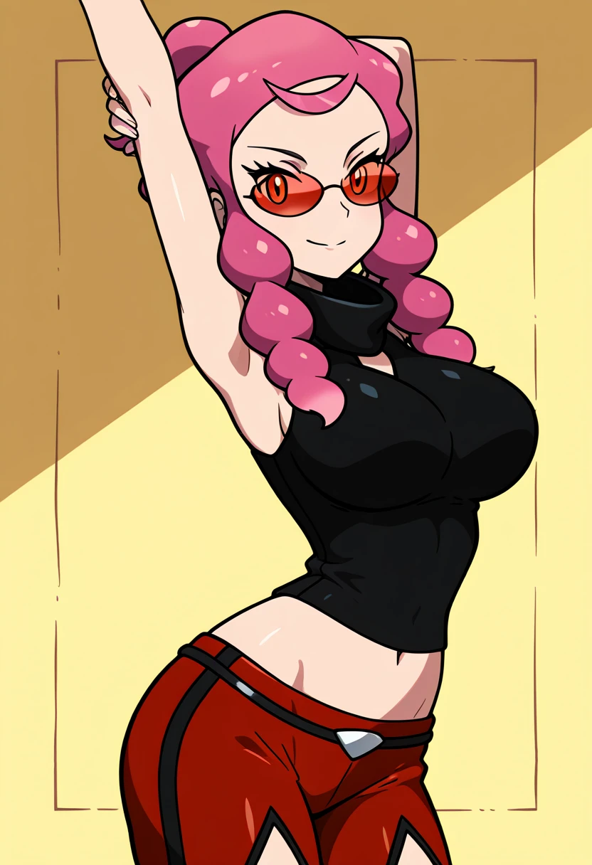 masterpiece, best quality, solo, curvy, beautiful eyes, narrow waist, wide hips, 1girl, solo, smile, looking at viewer, zzMalva, orange eyes, long hair, pink hair, sidelocks, sunglasses, tinted eyewear, sleeveless shirt, black shirt, bare arms, midriff, red pants, diamond cutout, two-tone pants, , <lora:MalvaPokemon_IXL_v2:1.0>, arms up, stretching, upper body, smile, looking at viewer,