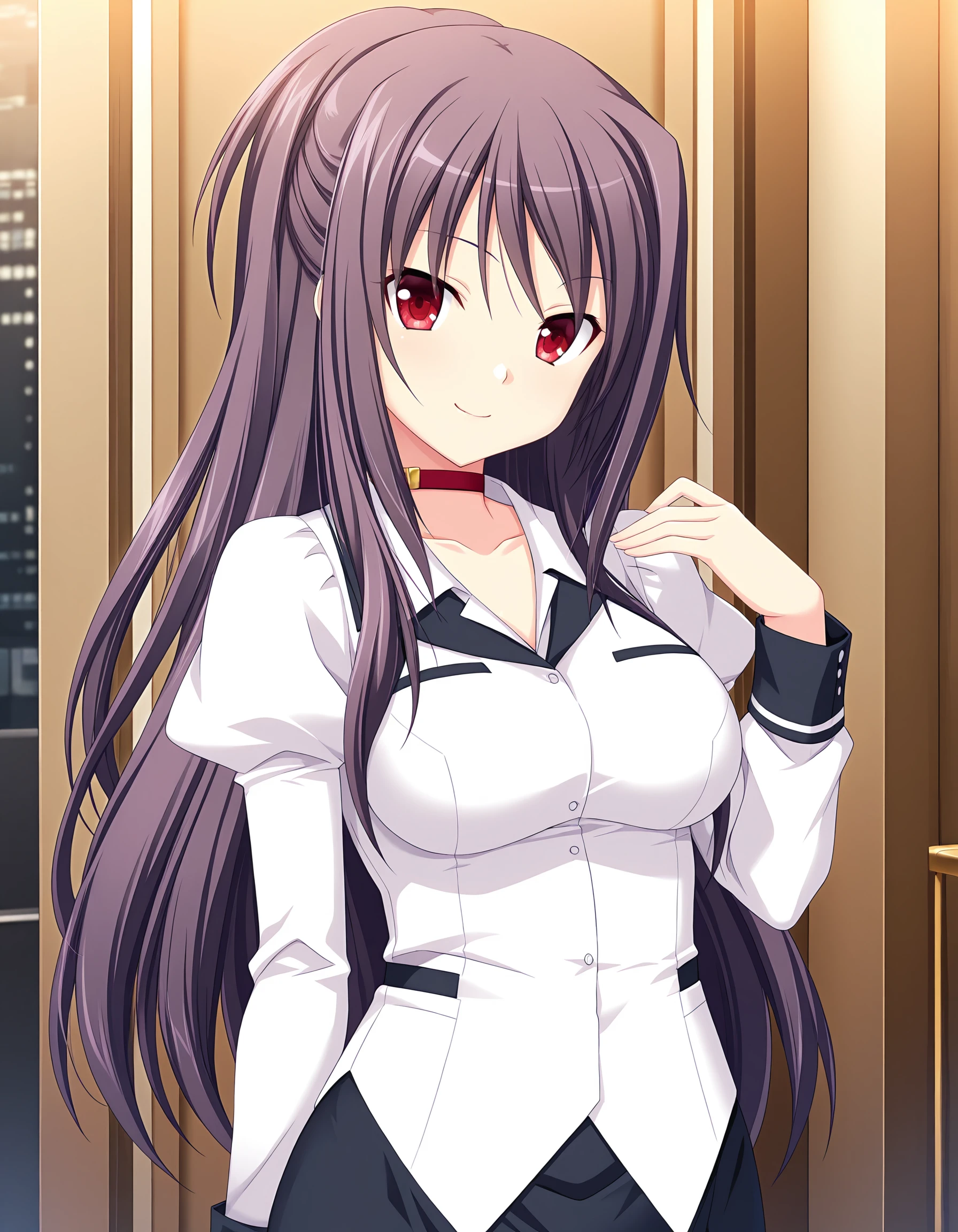 masterpiece, best quality, amazing quality, ultra detail, best resolution, good , good hand,
BREAK <lora:takasu-miyabi Prima Stella (Atelier Kaguya)-illustrious V2:1> miyabi, purple hair, long hair, half updo, red eyes, 
BREAK outfit04, shirt, white shirt, collared shirt, long puffy sleeves, choker, red choker, collarbone, skirt, black long cuffs, covered  with black trim,
BREAK 1girl, posing, smile, in city