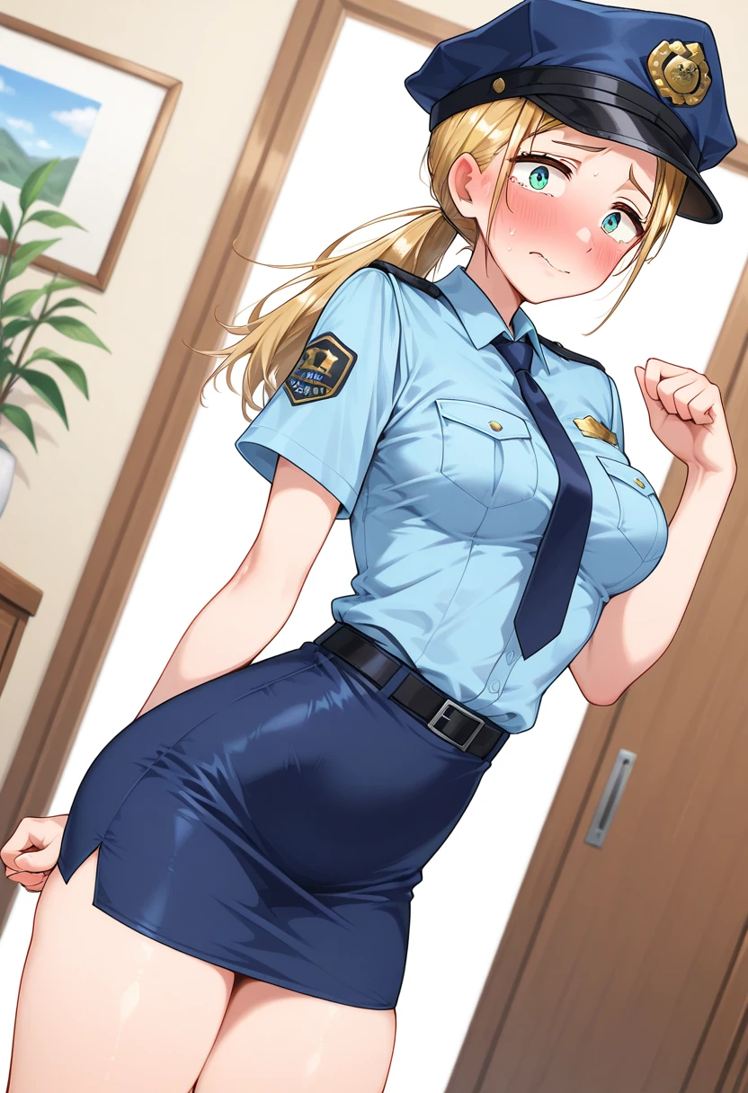 score_9, score_8_up, score_7_up, score_6_up, score_5_up, score_4_up, source_anime, 1girl, blonde hair, blue eyes, seras, improvised gag, tape gag, gagged, duct tape, tape bondage, arms behind back, bound arms, shirt, skirt, blush, hellsing, seras victoria, large breasts, huge breasts, boob window