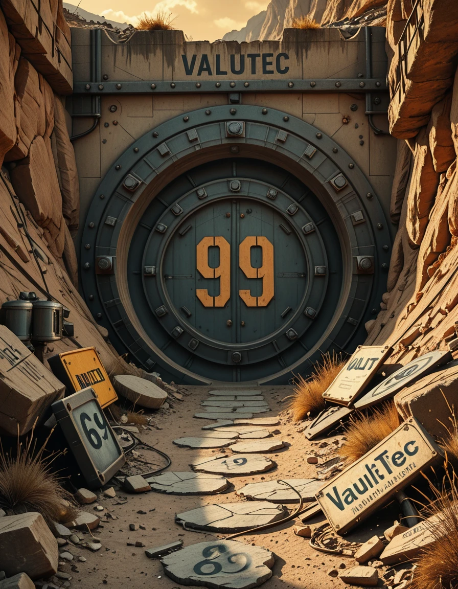 (masterpiece, best quality, photorealistic, cinematic lighting, retrofuturistic post-apocalyptic setting), exterior view of Vault 69, a massive gear-shaped steel door embedded into a rugged canyon wall, the number "69" faded and scratched on its surface, surrounded by broken rock and dead vegetation, cracked concrete and rusted scaffolding scattered with old-world debris, remnants of ruined equipmentâburnt-out terminals, tangled wires, broken warning lightsâsurround the entrance, a toppled Vault-Tec sign lies half-buried in dust, the vault door is slightly ajar, revealing deep darkness inside, the sky is hazy orange with distant ash clouds, long shadows stretch across the desolate terrain, eerie silence, no human presence, inspired by Fallout universe, ultra-detailed, atmospheric storytelling,exterior view of V4ult 69, <lora:exterior_view_of_V4ult_69-i:1>, Masterpiece,best quality,hi res,8k,hi res,8k,award winning,(sharp focus, intricate, highly detailed),