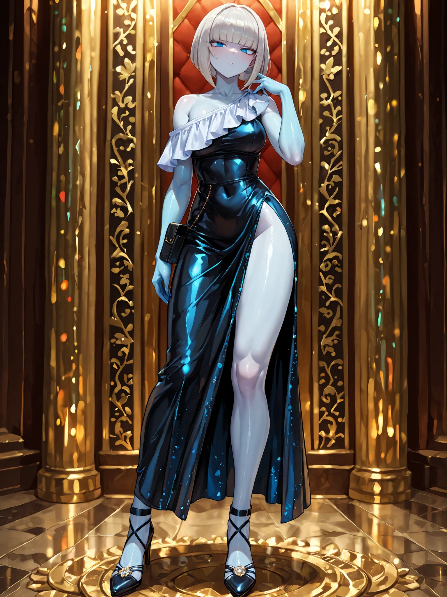 Ultra-realistic 8k CG, beautiful girl, open mouth, puffy, plump body, blue hair evening dress, fleshy thighs, white patterned stockings, high heels, full body, looking at the audience, symmetry,