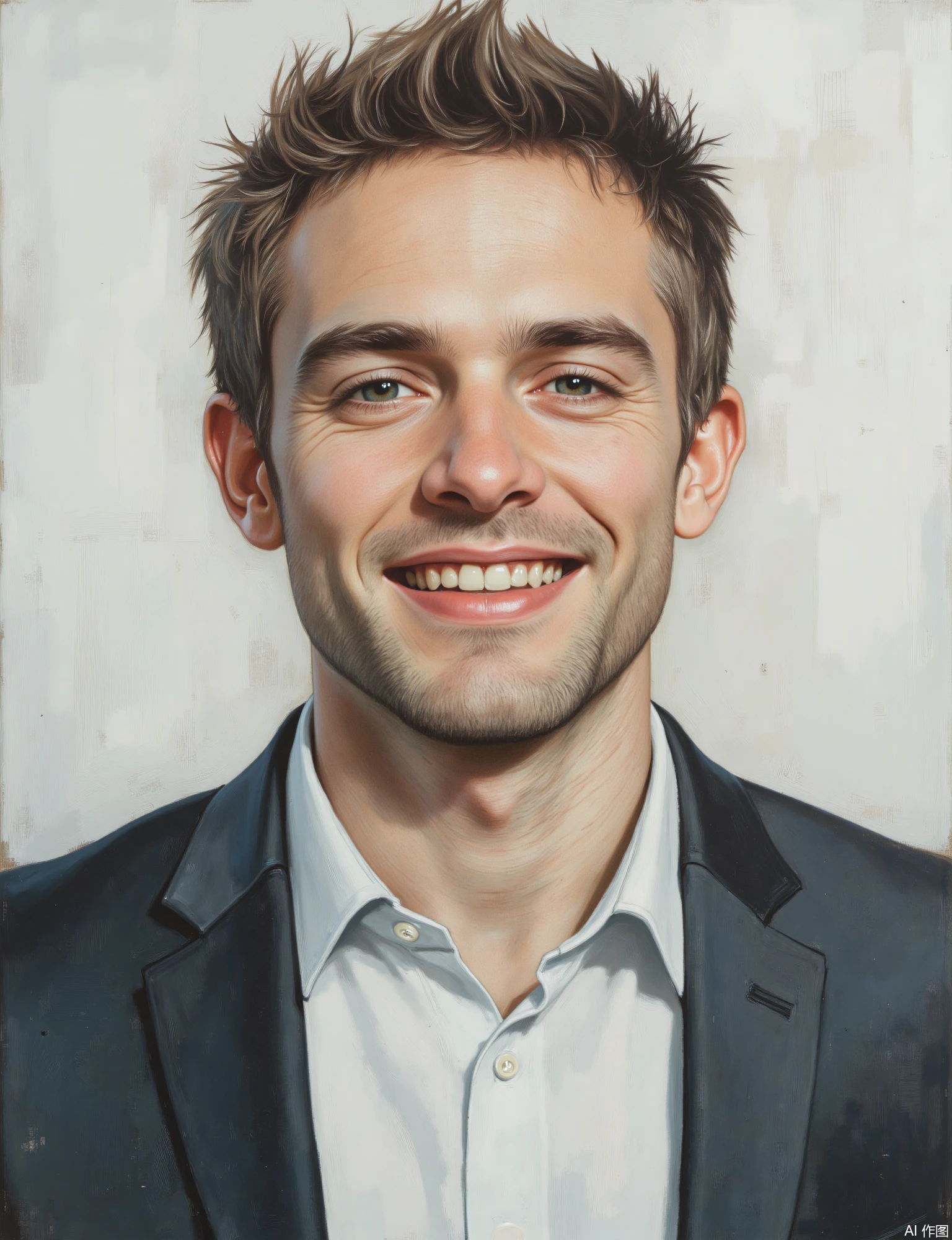 OBxiaoxiang, 
A portrait of a charismatic professional in their thirties or forties, exuding confidence and competence through a warm, assured smile. Classic half-body composition. The piece has a contemporary, polished feel, its surfaces rendered with clear definition and a rich, inviting texture for their attire. Bright, clean studio lighting makes them look capable and approachable. The background is a consistent pale gray, its texture resembling a smooth, painted canvas, lending a professional air. Bright, engaging catchlights, a well-groomed appearance, and the sharp texture of their business-casual clothing are focal points against the pale gray.