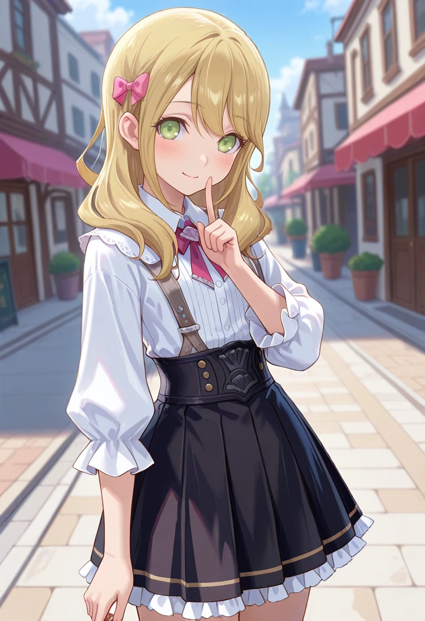 masterpiece, very aesthetic, best quality, absurdres, newest, solo,
<lora:ILR5Alice:1>
R5Alice, 1girl, long hair, blonde hair, long hair, green eyes, looking at viewer, black skirt, smile, white shirt, hair bow, outdoors, frills, long sleeves, closed mouth, blush, suspender skirt,building, frilled skirt, hand up, suspenders, pleated skirt, blurry background, collared shirt, standing, day, index finger raised, street, cowboy shot