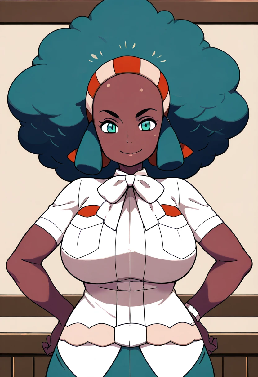 masterpiece, best quality, 1girl, solo, looking at viewer, smile, zzLenora, green eyes, big hair, green hair, hairband, dark skin, white shirt, large breasts, bow, green pants, , <lora:LenoraPokemon_IXL_v2:1.0>, , smile, looking at viewer, cowboy shot, <lora:CitronKuroStyle_IXL:0.8>,