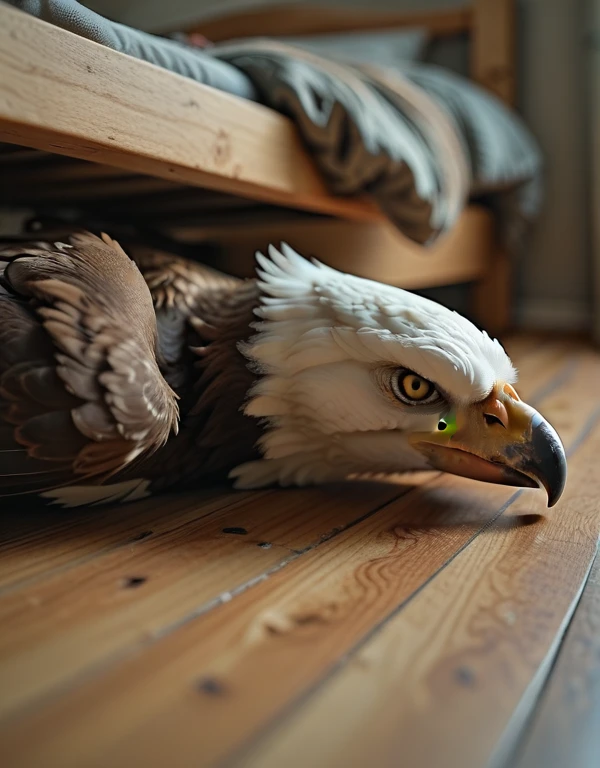 <lora:MIP-TY001ill:1>  eagle lying on the wooden floor with her head under a wooden bed, from side, closeup,