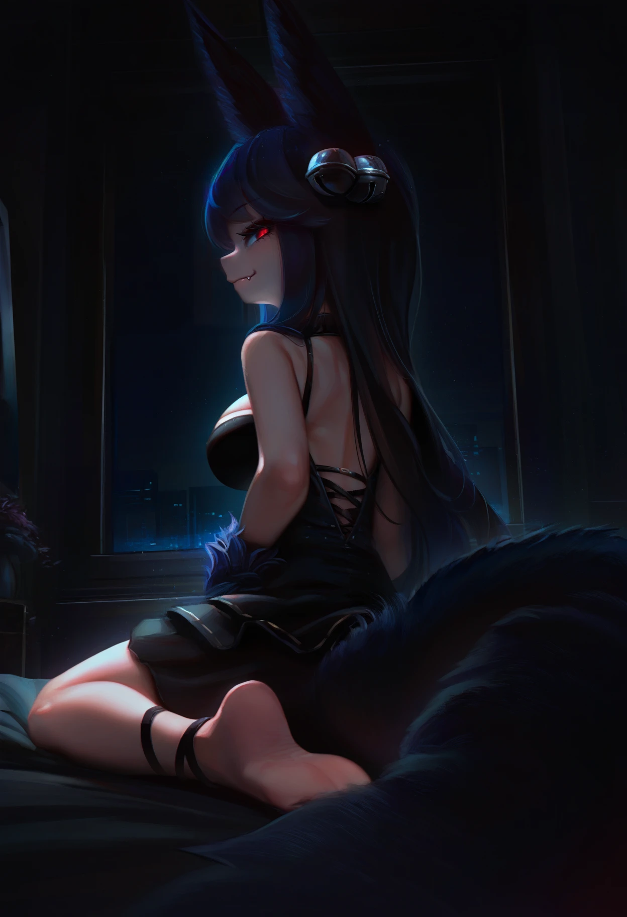 by sweetonedollar, by porforever, by s16xue, by fiz-rot, masterpiece, best quality BREAK
1girl, yuel \(granblue fantasy\), fox girl, fox ears, fox tail, from behind, red eyes, looking back, smile, fang, wearing black gothic dress, wariza, bell, on black bed sheet, (large tail:1.1), tail focus, foreshortening, large breasts,
black background, night, dark theme, indoors, bedroom, window