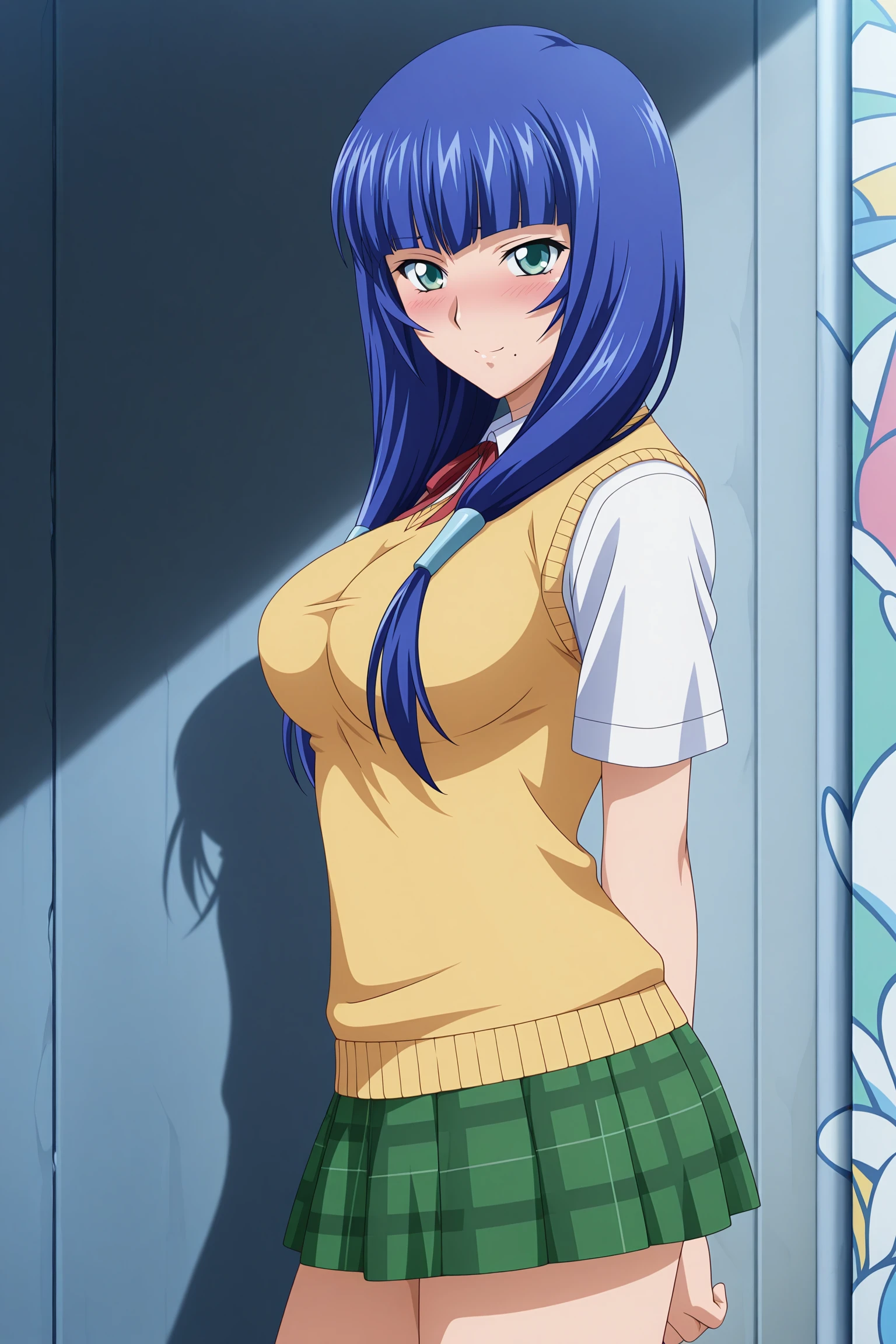 masterpiece, best quality, amazing quality, highres, absurdres, very aesthetic, high resolution, ultra detailed, perfect details, 1girl, solo, outdoors, wall, mural, ryomou shimei, long hair, blue hair, low twintails, hair tie, blunt bangs, green eyes, mole under mouth, short sleeves, white shirt, collared shirt, red ribbon, neck ribbon, yellow sweater vest, green skirt, plaid skrit, pleated skirt, white socks, ankle socks, brown footwear, loafers, <lora:Shimei_Ryomou_ILXL:0.8>, (aged up:1.2), (cowboy shot:1.4), looking at the viewer, (anime coloring:1.2), blush, shy, smile, from side