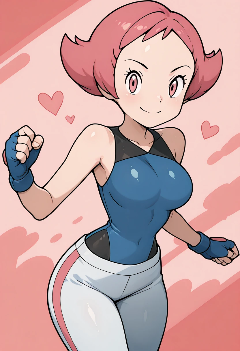 masterpiece, best quality, solo, curvy, beautiful eyes, narrow waist, wide hips, 1girl, solo, smile, looking at viewer, zzMaylene, pink eyes, pink hair, short hair, fingerless gloves, blue shirt, sleeveless shirt, white pants, <lora:MaylenePokemon_IXL_v1:1.0>, from above, dynamic pose, cowboy shot, smile, looking at viewer, shiny skin,
