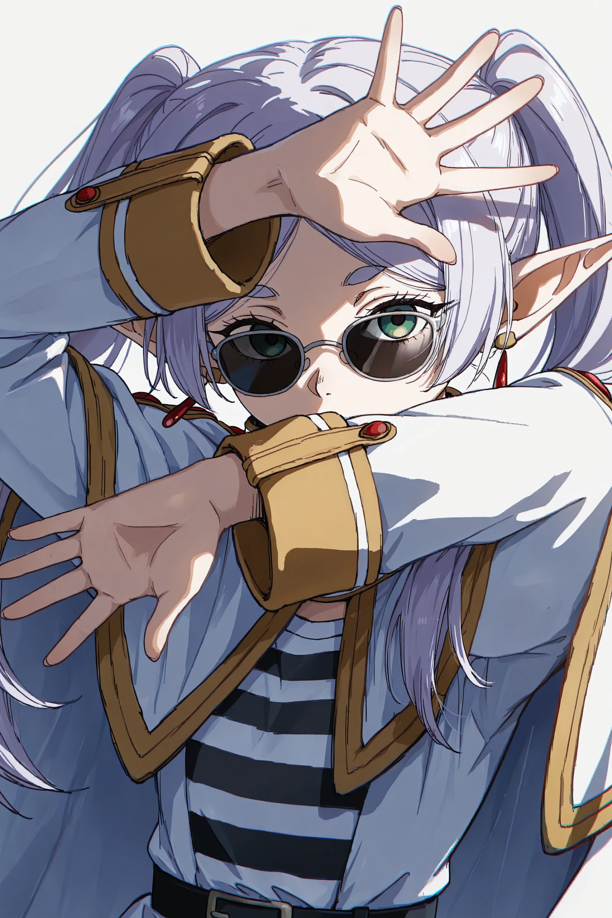 masterpiece, best quality, absurdres, safe
1girl, arm up, frieren, sunglasses, shadow, simple background, white cape, striped shirt, covered mouth, long sleeves, 
[monochrome, grey theme, :0.3]
[yoneyama mai, johnkafka: realistic, photorealistic, :0.5]
chromatic aberration, film grain,
<lora:daisuke_il_1_d16:1>
<lora:wide_shot_il_1_d32:0:hr=1>