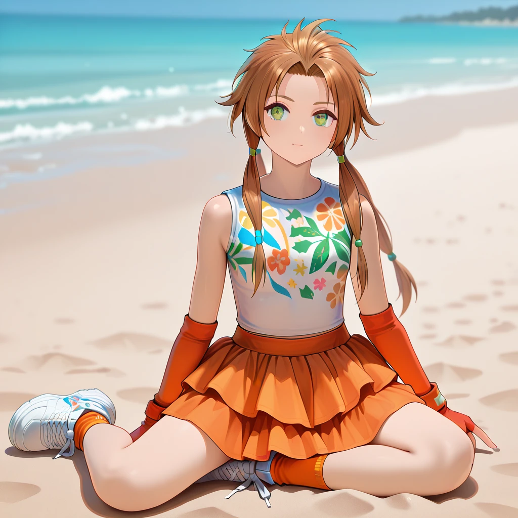 red_hair,hazel_eyes,buzz cut,1girl,solo <lora:OrangeCasual_ClothingV1.1_Illustrious:1.0>,orangecasual,floral print,white shirt,print shirt,sleeveless shirt,layered skirt,orange skirt ,orange fingerless gloves,socks ,white sneakers,1girl, solo,beach, best quality, amazing quality, newest, <lora:diver_Illust_v2:0.7>,diver, romancing saga 2, green eyes, brown hair, long hair, spiked hair, twintails,hair tubes,, masterpiece, best quality, amazing quality, newest