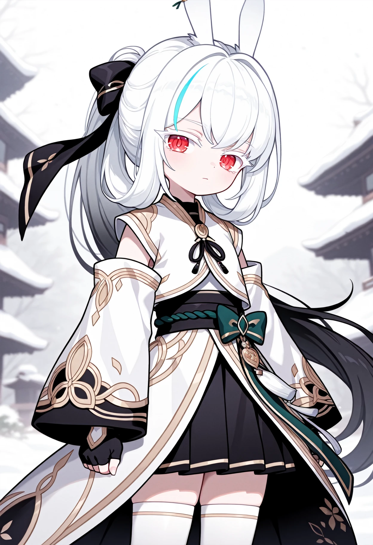 masterpiece, looking at viewer,standing,front,
1girl, solo,  <lora:Len_Maplestory_-_ILXL:1> ,white hair, long hair, streaked hair, ponytail, hair bow, rabbit ears, red eyes, white eyelash, detached sleeves, long sleeves, black skirt, pleated skirt,fingerless gloves, thighhighs