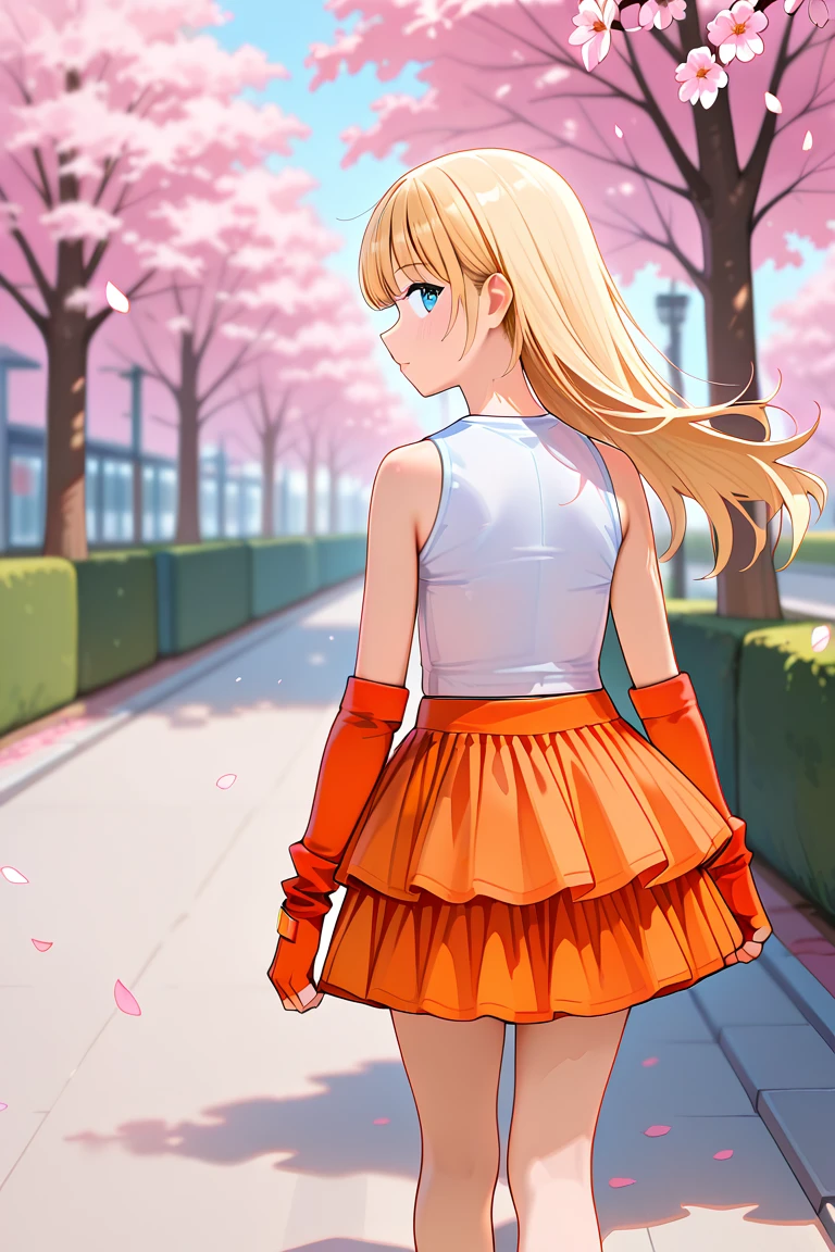 natural blonde_hair,Sapphire_eyes,french twist,1girl,solo <lora:OrangeCasual_ClothingV1.1_Illustrious:1.0>,orangecasual,white shirt,sleeveless shirt,layered skirt,orange skirt ,orange fingerless gloves,socks ,white sneakers,1girl, solo, cherry blossoms, walking path, park, petals, outdoor, walking, looking back, from behind,see-through,hair in wind, long shot, masterpiece, best quality, amazing quality, newest