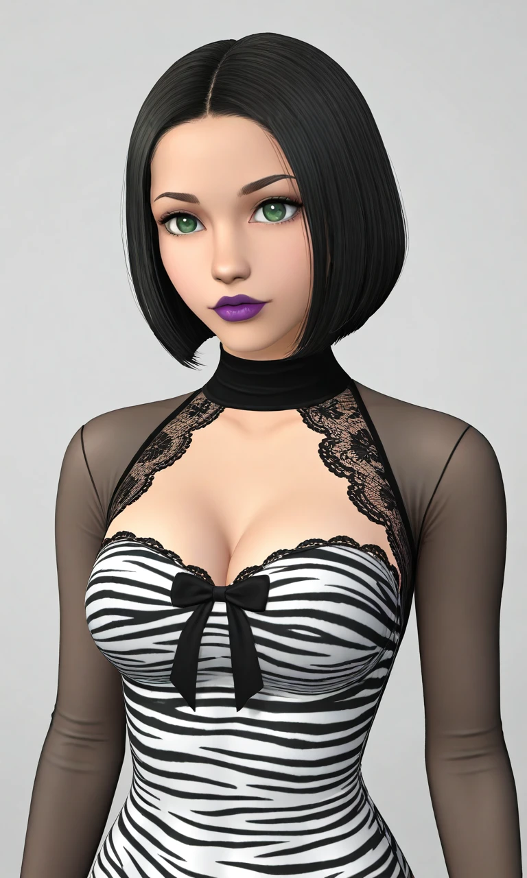 solo,bodysuit,animal print,zebra print,lace,black bow,cleavage,long sleeves,see-through,1girl, bob cut, short hair, black hair, green eyes,purple lips
