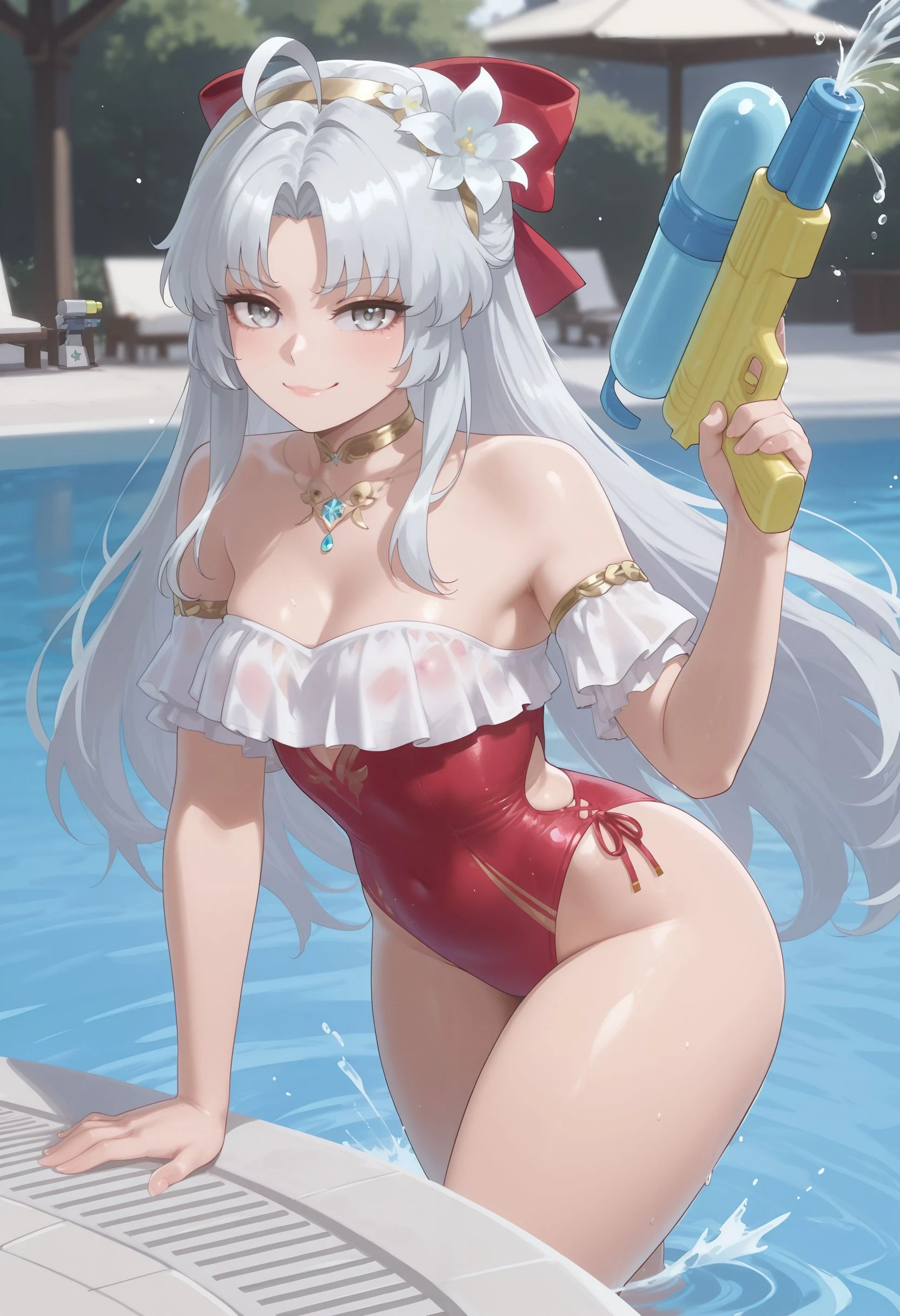 Blue eyes, white hair, long hair, ponytail, slim legs, cleavage, slim waist, narrow waist, pool, happy, navel, kamisato Ayaka, slender body, skirt