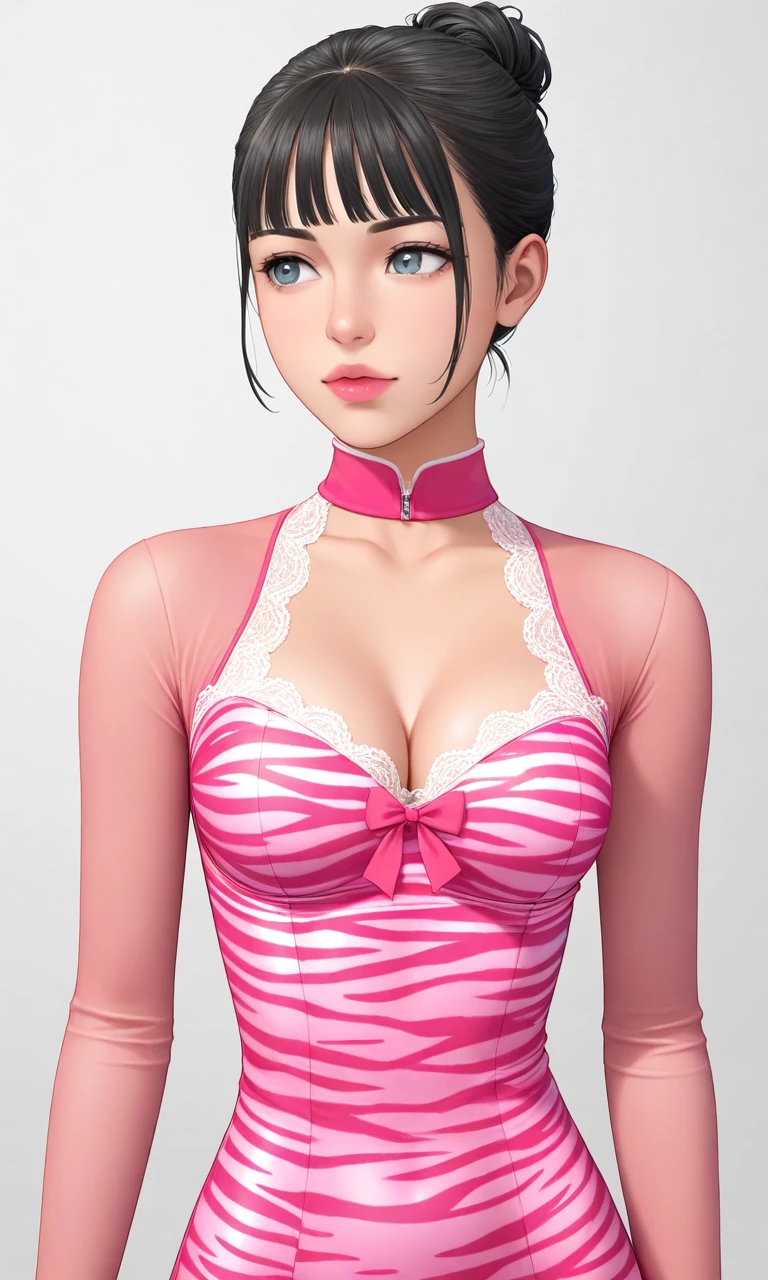 solo,bodysuit,animal print,zebra print,lace,pink bow,cleavage,long sleeves,see-through,1woman, single hair bun, black hair, blunt bangs, grey eyes, pink lips, pink bodysuit, pink zebra print