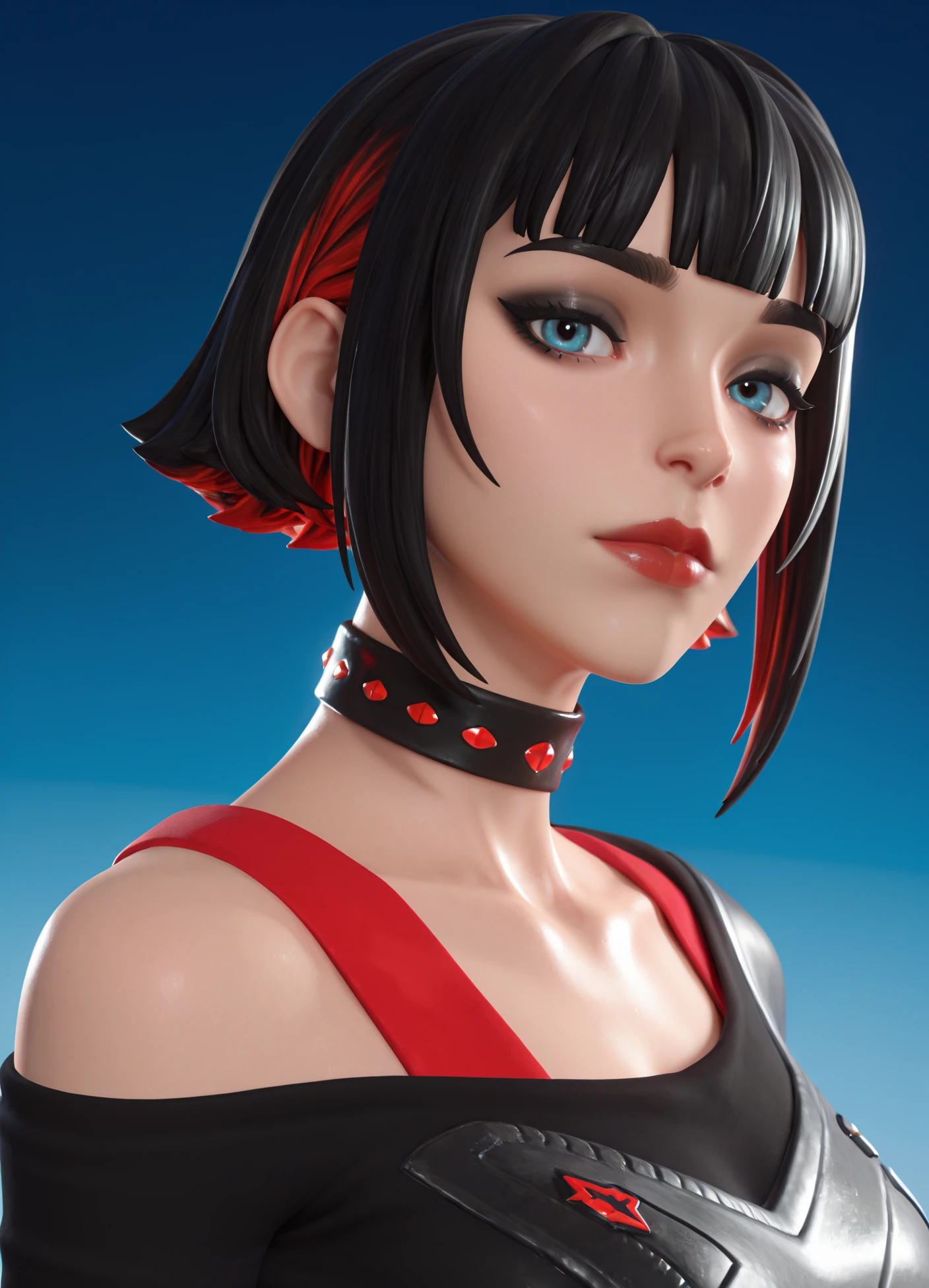 intricate details, looking at viewer, hyperdetailed skin texture, specular highlights, perfect lighting, subsurface scattering, masterpiece, best quality, amazing quality, 4k, very aesthetic, high resolution, ultra-detailed, absurdres, newest, scenery, 3d, rendered, realistic, pixar,
1girl, (cellulite:0.8), skindentation, black eye shadow,
1girl, solo, black hair, jewelry, multicolored hair, short hair, ring, two-tone hair, black nails, choker, looking at viewer, bangs, nail polish, red hair, off shoulder, makeup, blue eyes, upper body, bracelet, blunt bangs, wristband, lips, long sleeves, gradient background, streaked hair, gradient, off-shoulder shirt, shirt, lipstick, closed mouth, blue background
<lora:MorganMyst:1>