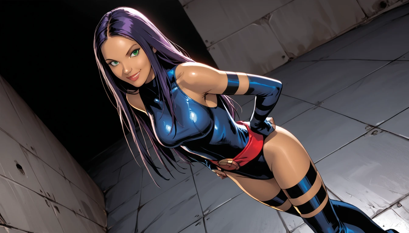 (((comic style, cartoon art))), cinematic. 01, Alone, alone, 18 yeras old, A comic style image of X-Men member Psylocke wearing a blue costume, blue suit, in heroic combat Pose. She wears her traditional attire, (((right hand with megenta and violet power))), Perfect body, (((hot slim body, sexy, sensual body, Camel toes ))), (((Camel toes))). detailed, detailed face, Intricate, bright. ((( Cinematic Comic background))), cinematic lighthing.