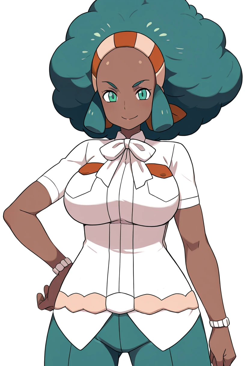 masterpiece, best quality, 1girl, solo, looking at viewer, smile, zzLenora, green eyes, big hair, green hair, hairband, dark skin, white shirt, large breasts, bow, green pants, , <lora:LenoraPokemon_IXL_v2:1.0>, , smile, looking at viewer, cowboy shot, <lora:HaradaTakehitoIXL_v3:0.8>, <lora:ZankuroIXLLight_v2:0.3>,
