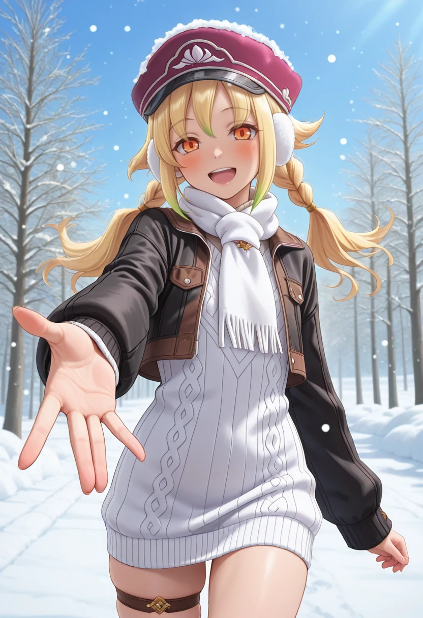 masterpiece, very aesthetic, best quality, absurdres, newest, solo,
<lora:ILR5Livia:1>
R5Livia, 1girl, blonde hair, twin braids, pointy ears, multicolored hair, orange eyes, hat, looking at viewer, open jacket, outdoors, open clothes, white scarf, outstretched hand, smile, sweater dress, snow, winter, open mouth, earmuffs, long sleeves, tree, skindentation, day, cowboy shot, outstretched arm, blush, :d, cropped jacket, thighs, black jacket, thigh strap, snowing, white sweater, sky