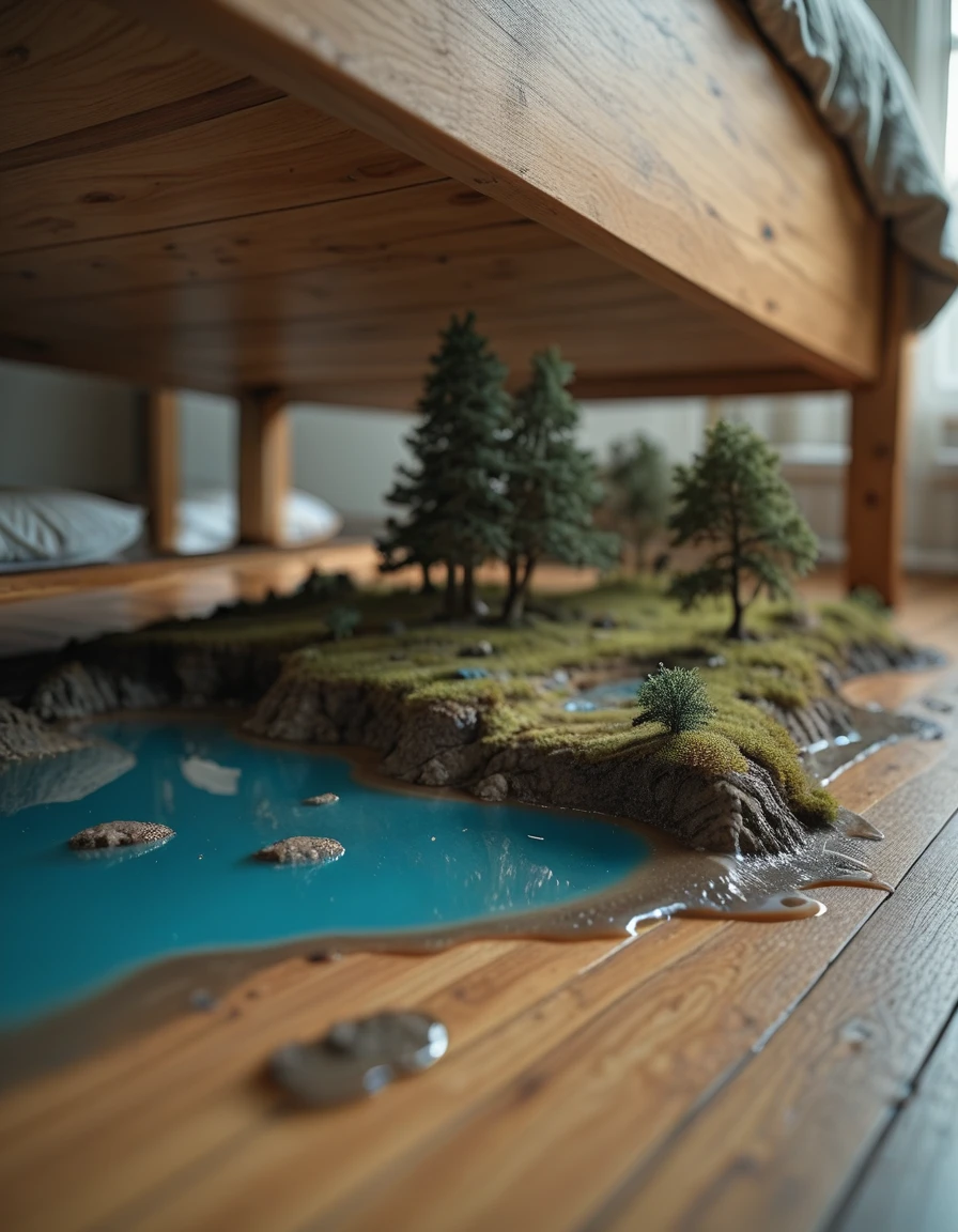 <lora:MIP-TY001ill:1> microscopic landscape near a blue water puddle lake with trees on the wooden floor under a wooden bed, from side, closeup, bokeh,