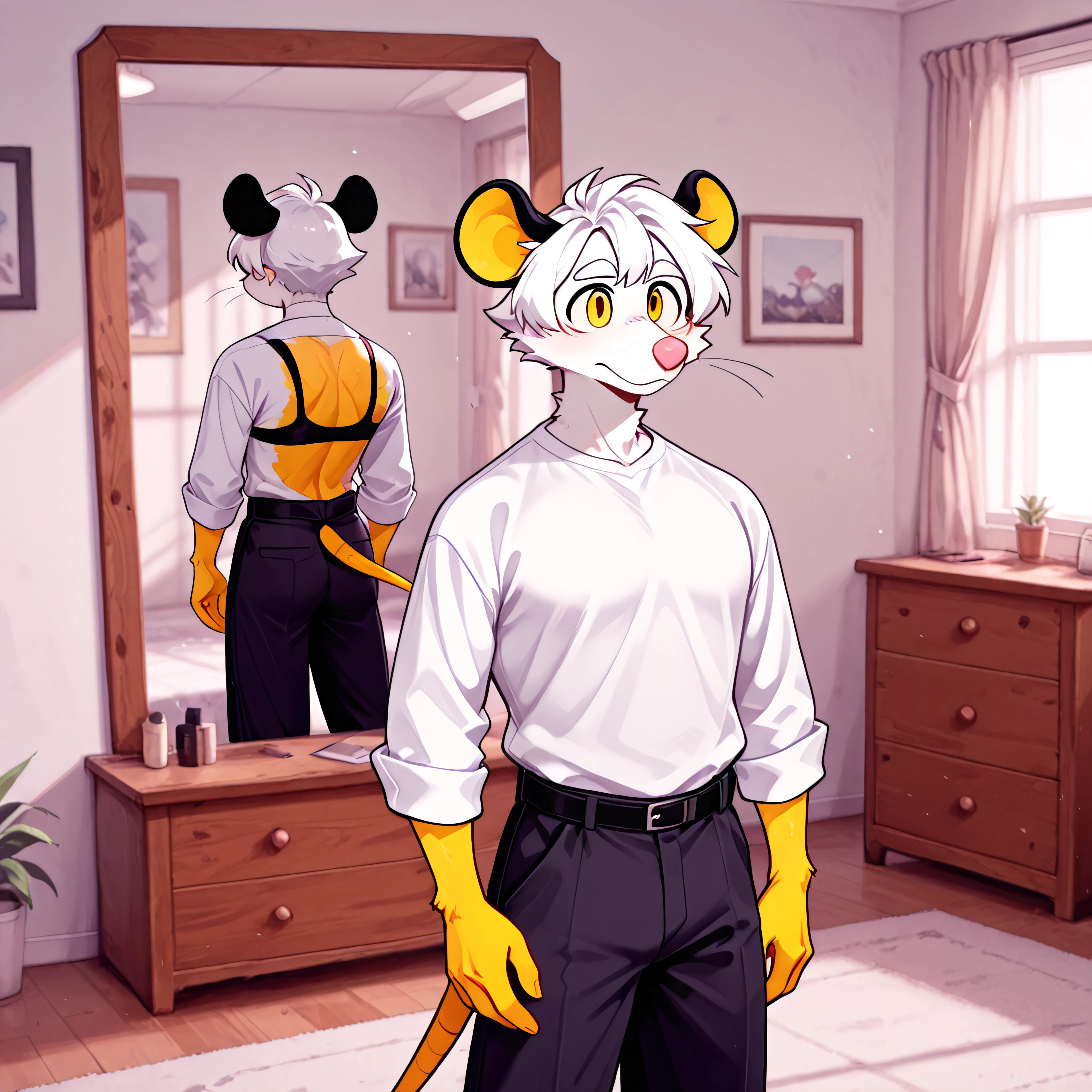 (2024, best quality, masterpiece), <lora:poyo_Illustrious-10>, poyo, yellow hand, black ears, solo, white eyebrows, pink nose, white hair, 1boy, yellow eyes, white fur, tail, body fur, mouse ears, mouse tail, yellow tail, sharp image, ## no humans, character, male focus, ## handsome face:1.5, no humans ## uploaded on e621, (uploaded on e621) ## detailed face, (detailed face), detailed ears, detailed clothing, detailed body, (detailed body), detailed hair, detailed background ## indoors, ## <lora:Business_in_the_Front_Party_in_the_Back_Illustrious:1> mikus-concept, standing, mirror, front and back, front, back, white shirt, black pants, , , , , , , ,