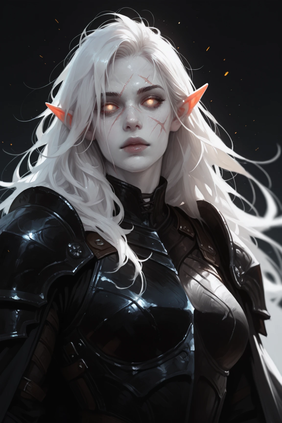 1girl, pale, white skin, colored skin, pale skin, soft lips, glossy lips, elf, pointy ears, detailed eyes, glowing eyes, muscular woman, armor, cape, leather armor, scar, scars on face, white hair, long hair, messy hair, black armor, black leather,, <lora:Detailer_NoobAI_Incrs_v1:0.75>, masterwork, masterpiece, best quality, detailed, depth of field, realistic, ultra-HD, (impressionism:1.5), high detail, best quality, very aesthetic, 8k, , , , photorealistic, , , (cheekbones:0.75), adult, aged up, dynamic pose, depth of field, dynamic angle