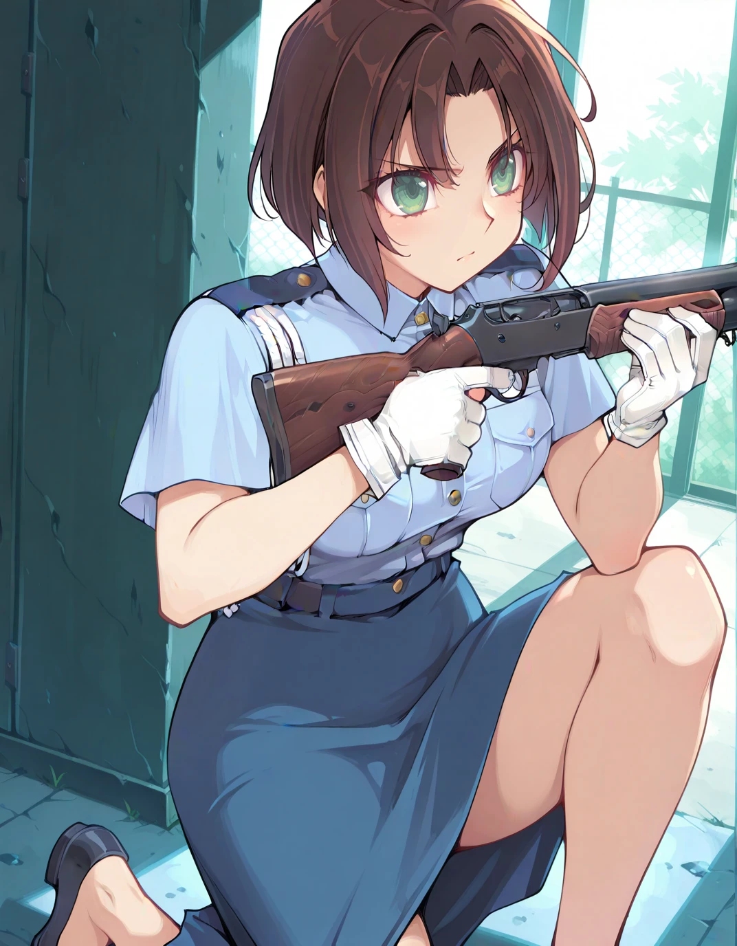 <lora:AENatsumiT:1> AENatsumiT, dark green eyes, Brown hair, parted bangs, short hair, Police uniform, blue shirt, breast pocket, short sleeves, White gloves, blue skirt,
<lora:AEOhmoriAoi:1>
on one knee, aiming, holding shotgun, solo,, masterpiece, best quality, high quality, highres, 4k, newest, anime,