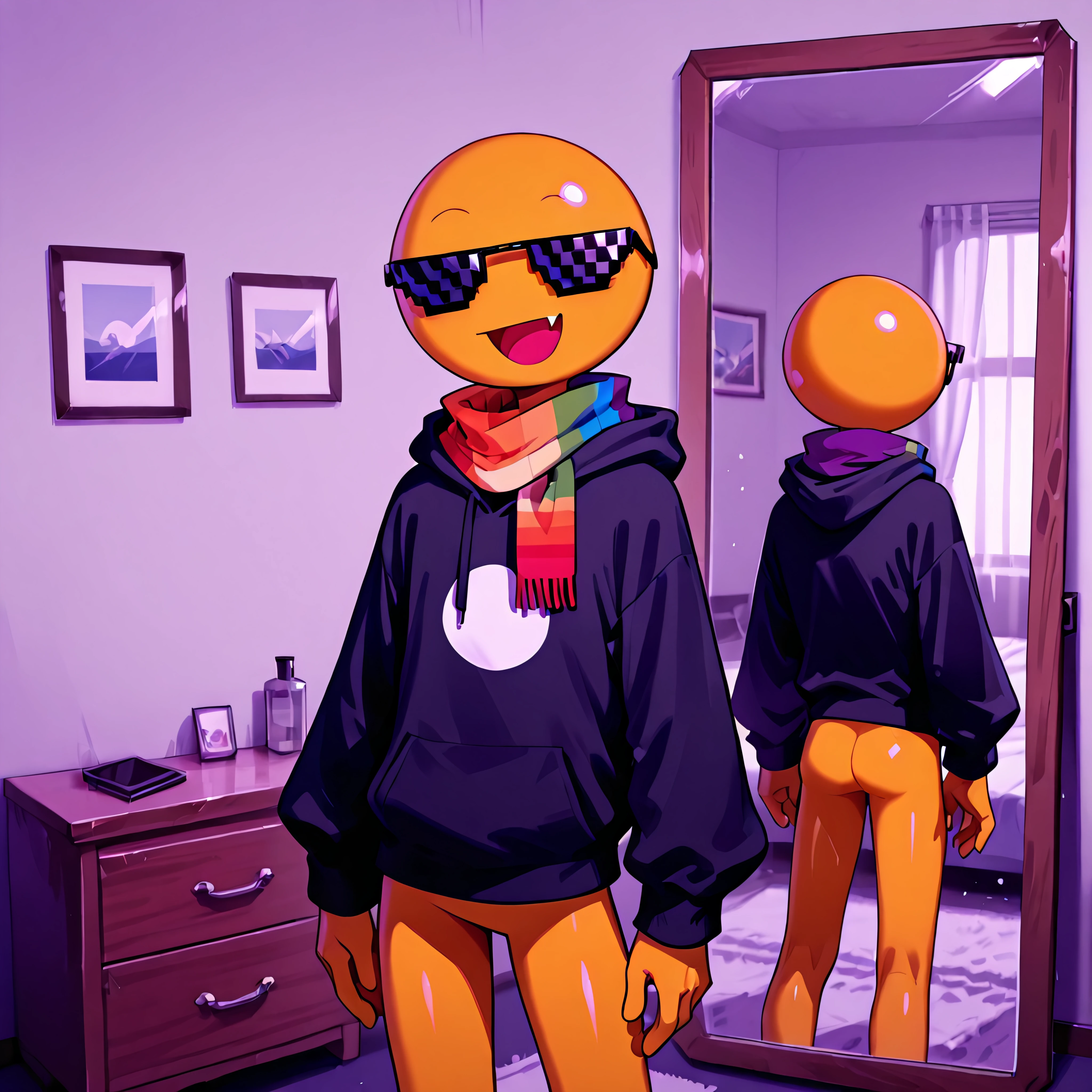 <lora:xmattar-10>, (2024, best quality, masterpiece), xmattar, open mouth, rainbow scarf, , solo, smile, pixel sunglasses, 1boy, black hoodie, yellow skin, circular head,,yellow legs, no pants, sharp image, ## no humans, character, male focus, ## handsome face:1.5, no humans ## uploaded on e621, (uploaded on e621)  ## detailed face, (detailed face), detailed ears, detailed clothing, detailed body, (detailed body), detailed hair, detailed background ## indoors, ## <lora:Business_in_the_Front_Party_in_the_Back_Illustrious:1>  mikus-concept, standing, mirror, front and back, front, back, white shirt, black pants, , , , , , , ,