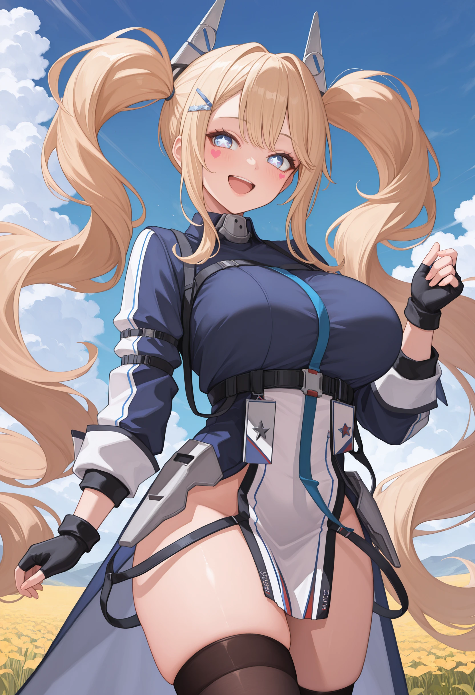 Browsing Caution,Power girl grabbing big breasts 、Dynamic pose、Messy long wavy hair、I want to see up to my knees