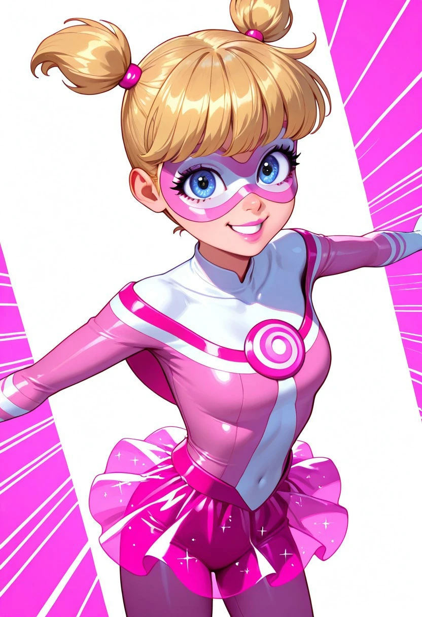 , vivid colors,, masterpiece, best quality, high quality, high resolution, (perfect lips, perfect eyes, perfect body), BREAK, 1girl, solo. (Pigella, blonde hair, blue eyes, twintails, short twintails, bangs, pink lipstick, eyelashes, superhero, mask, domino mask, bodysuit, sparkly pink bodysuit, magenta lines, white-necked upper chest, white stripes, pink skirt, transparent skirt, mini skirt, white stripes, swirly pattern on her chest, skin tight,), kind smile, teeth, looking at view, dynamic poses, BREAK, simple background, colorful background, pink background, white background,