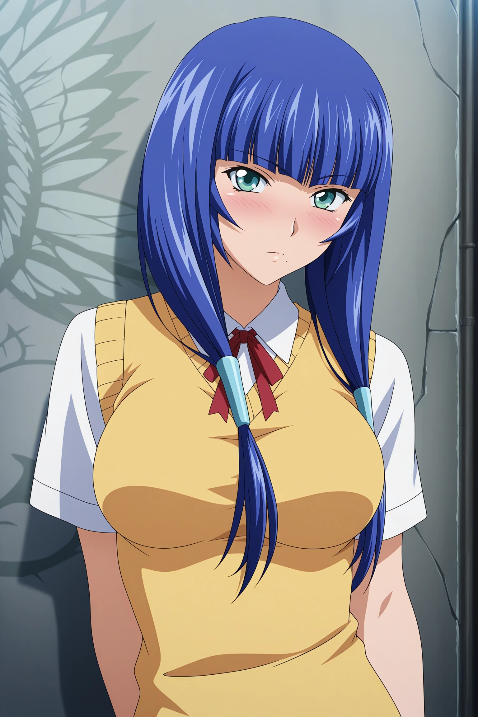 masterpiece, best quality, amazing quality, highres, absurdres, very aesthetic, high resolution, ultra detailed, perfect details, 1girl, solo, outdoors, wall, mural, ryomou shimei, long hair, blue hair, low twintails, hair tie, blunt bangs, green eyes, mole under mouth, short sleeves, white shirt, collared shirt, red ribbon, neck ribbon, yellow sweater vest, green skirt, plaid skrit, pleated skirt, white socks, ankle socks, brown footwear, loafers, <lora:Shimei_Ryomou_ILXL:0.8>, (aged up:1.2), (upper body:1.4), looking at the viewer, (anime coloring:1.2), blush