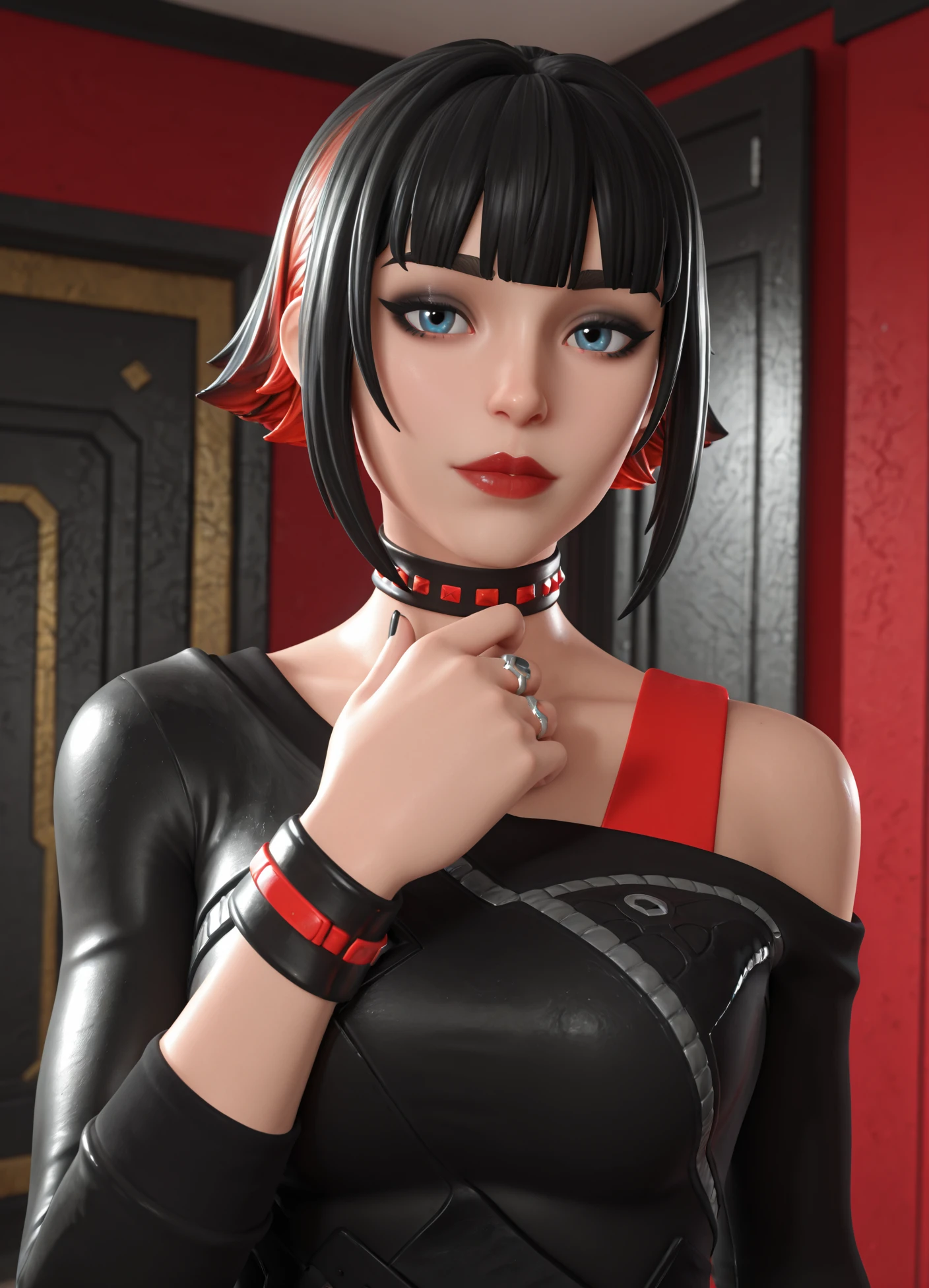 intricate details, looking at viewer, hyperdetailed skin texture, specular highlights, perfect lighting, subsurface scattering, masterpiece, best quality, amazing quality, 4k, very aesthetic, high resolution, ultra-detailed, absurdres, newest, scenery, 3d, rendered, realistic, pixar,
1girl, (cellulite:0.8), skindentation, black eye shadow,
1girl, solo, black hair, jewelry, multicolored hair, short hair, ring, two-tone hair, black nails, choker, looking at viewer, bangs, nail polish, red hair, off shoulder, makeup, blue eyes, upper body, bracelet, blunt bangs, wristband, lips, long sleeves, streaked hair, off-shoulder shirt, shirt, lipstick,
<lora:MorganMyst:1>