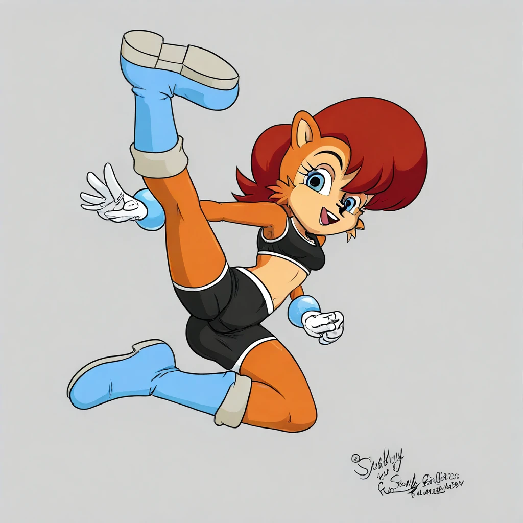 Sally Sally acorn, fur,btpt-fc, wearing black swimming shorts, doing a sitting pin up pose, has thick thighs, high quality, crisp,