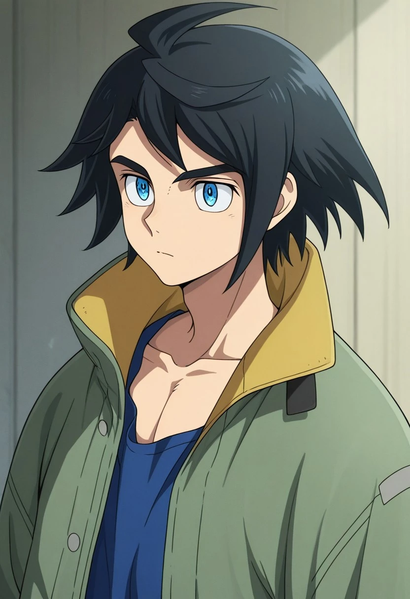 masterpiece,best quality,amazing quality, source_anime, 
Mikadzukiogasu, 1boy, male focus, solo, blue eyes, black hair, collarbone, blue tank top, jacket, green jacket, high collar, portrait,
