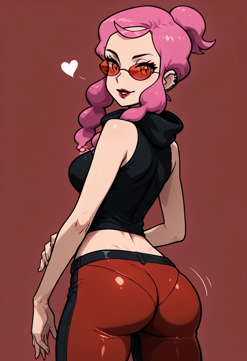 masterpiece, best quality, 1girl, solo, looking at viewer, smile, zzMalva, orange eyes, long hair, pink hair, sidelocks, sunglasses, tinted eyewear, sleeveless shirt, black shirt, bare arms, midriff, red pants, diamond cutout, two-tone pants, , <lora:MalvaPokemon_IXL_v2:1.0>, , solo, looking at viewer, simple background, ass, cowboy shot, looking back, from behind, hair over one eye, lips, skindentation, makeup, piercing, cross, lipstick, ear piercing, eyeshadow, shiny clothes, gothic, <lora:ElfFio_IXL_v2:0.8>,