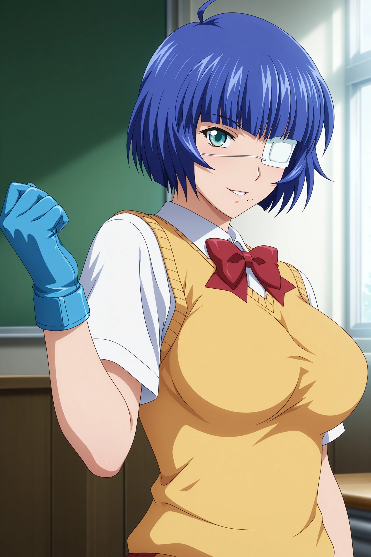 masterpiece, best quality, amazing quality, highres, absurdres, very aesthetic, high resolution, ultra detailed, perfect details, 1girl, solo, indoors, classroom, ryomou shimei, short hair, blue hair, ahoge, blunt bangs, green eyes, medical eyepatch, mole under mouth, short sleeves, white shirt, collared shirt, red bowtie, yellow sweater vest, blue gloves, red skirt, plaid skrit, pleated skirt, blue socks, kneehighs, striped socks, black footwear, boots, <lora:Shimei_Ryomou_ILXL:0.8>, (aged up:1.5), (upper body:1.4), looking at the viewer, (anime coloring:1.2), smile, parted lips, (pose:1.1)