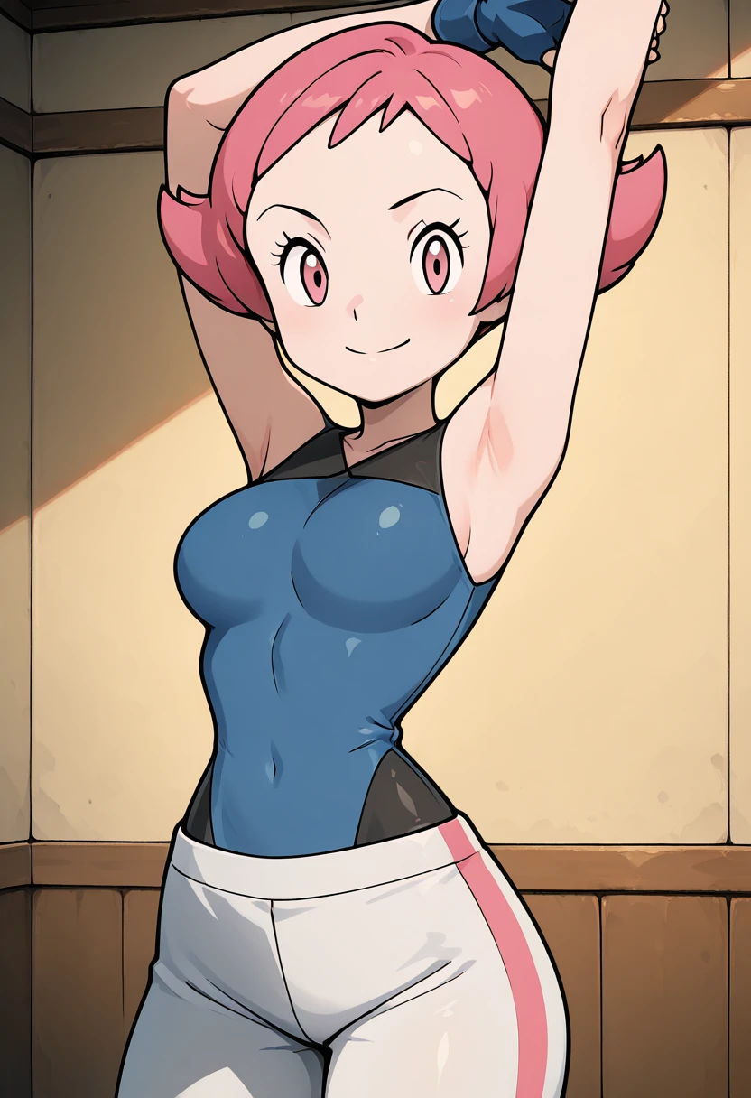 masterpiece, best quality, solo, curvy, beautiful eyes, narrow waist, wide hips, 1girl, solo, smile, looking at viewer, zzMaylene, pink eyes, pink hair, short hair, fingerless gloves, blue shirt, sleeveless shirt, white pants, <lora:MaylenePokemon_IXL_v1:1.0>, arms up, stretching, upper body, smile, looking at viewer,