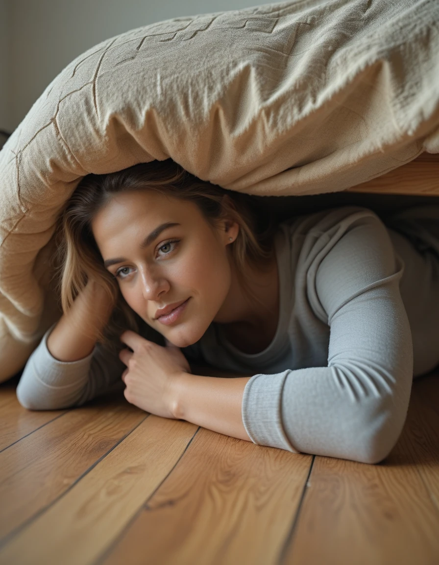 <lora:MIP-TY001ill:1> woman lying with her belly on the wooden floor with her head under a fabric comforter, from side, closeup,