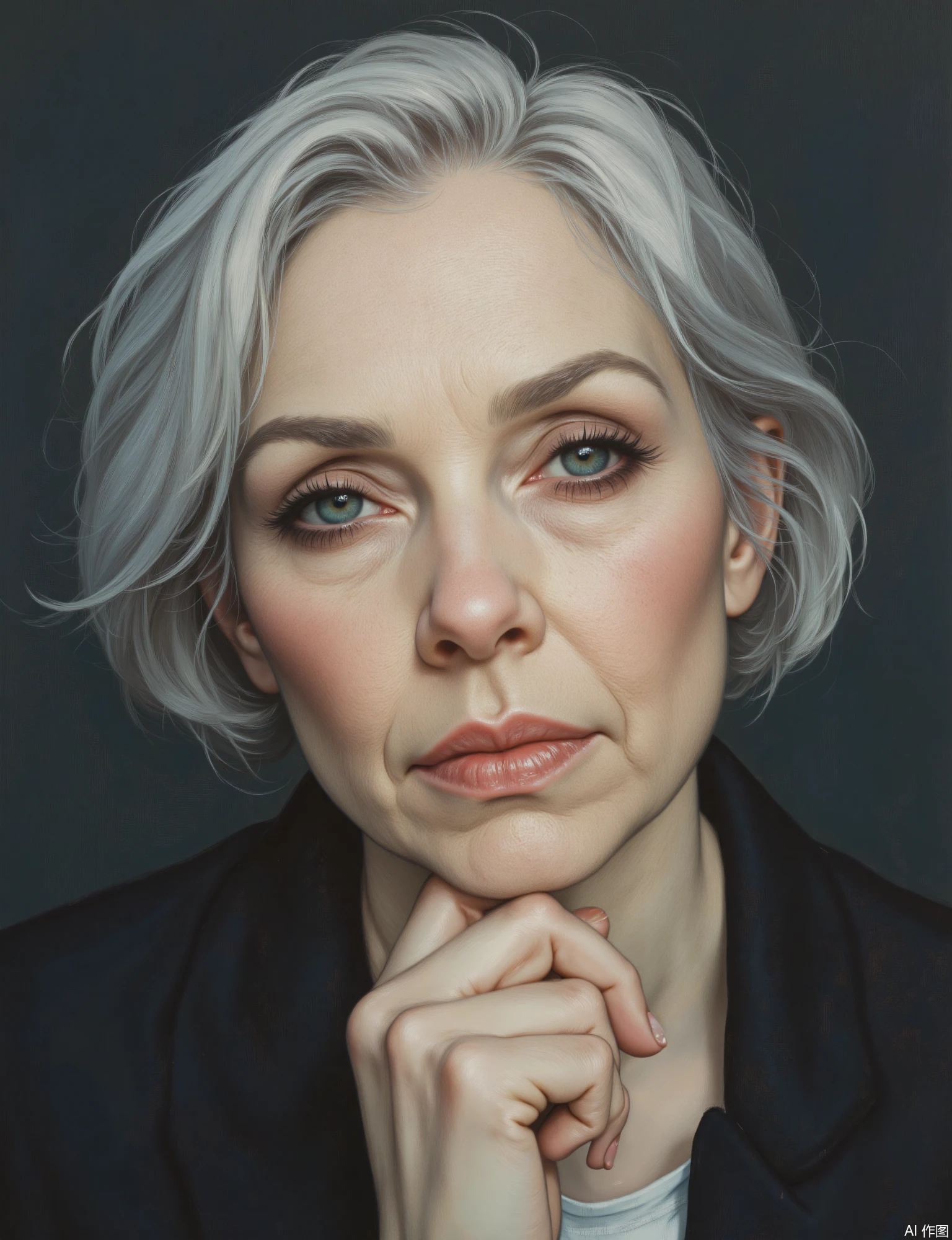 OBxiaoxiang, 
A portrait of a striking middle-aged woman with a confident, direct gaze and elegantly styled silver hair. Half-body composition, perhaps with one hand resting thoughtfully on her chin. The artwork features a refined, polished surface quality, her features rendered with a blend of sharpness and sophisticated softness. Classic three-point lighting creates a balanced, flattering illumination. The background is a plain, dark, matte fabric backdrop (e.g., deep charcoal or navy blue), allowing her to stand out. Her eyes show intelligence, and the sophisticated texture of her silk blouse or tailored jacket is meticulously rendered.