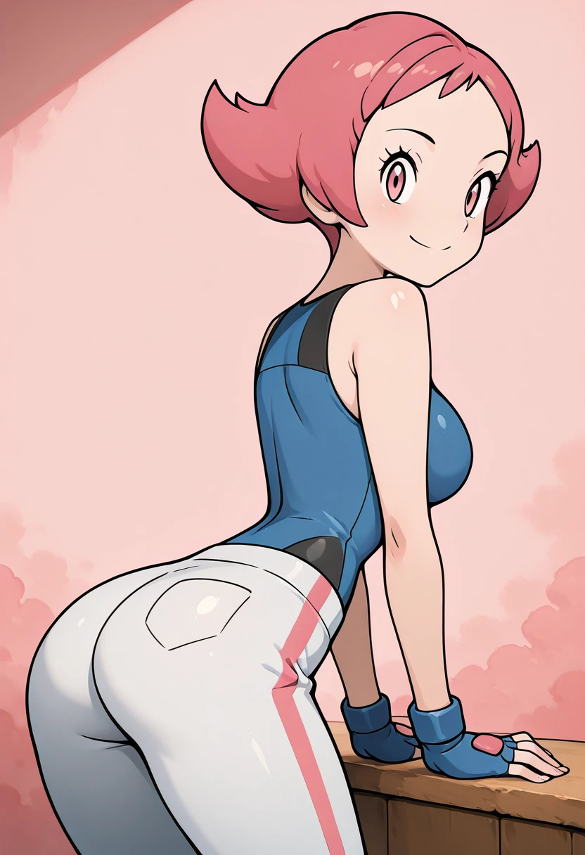 masterpiece, best quality, solo, curvy, beautiful eyes, narrow waist, wide hips, 1girl, solo, smile, looking at viewer, zzMaylene, pink eyes, pink hair, short hair, fingerless gloves, blue shirt, sleeveless shirt, white pants, <lora:MaylenePokemon_IXL_v1:1.0>, side view, ass, leaning forward, cowboy shot, smile, looking at viewer, shiny skin,