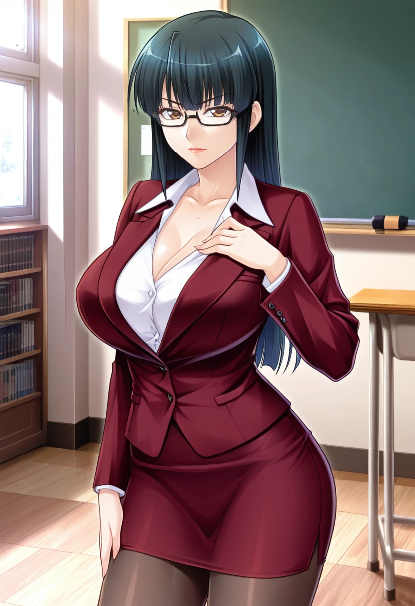 absurd, High resolution, Super detailed, high quality, (1 Girl:1.3), east manga king's School uniform, Huge breasts(((Large Breasts、Low-cut,Cleavage, Wide hips,)))(Long legs) (Wide hips), Brown eyes, brown hair, Glasses, Suwon Calendar, east manga king, long hair, Long sleeve, Pink shirt, Pleated Skirt, Red Skirt, , Setofuku, frown, Wide hips, High Leg Raise, Chest Curtain, curved, No, Huge breasts, thick thigh, thigh, classroom, masterpiece, clavicle, Large Breasts, blush, indoors, Blurred background, Big buttocks, Huge ass, locker room, School, Awkward, Change her underwear, No clothes